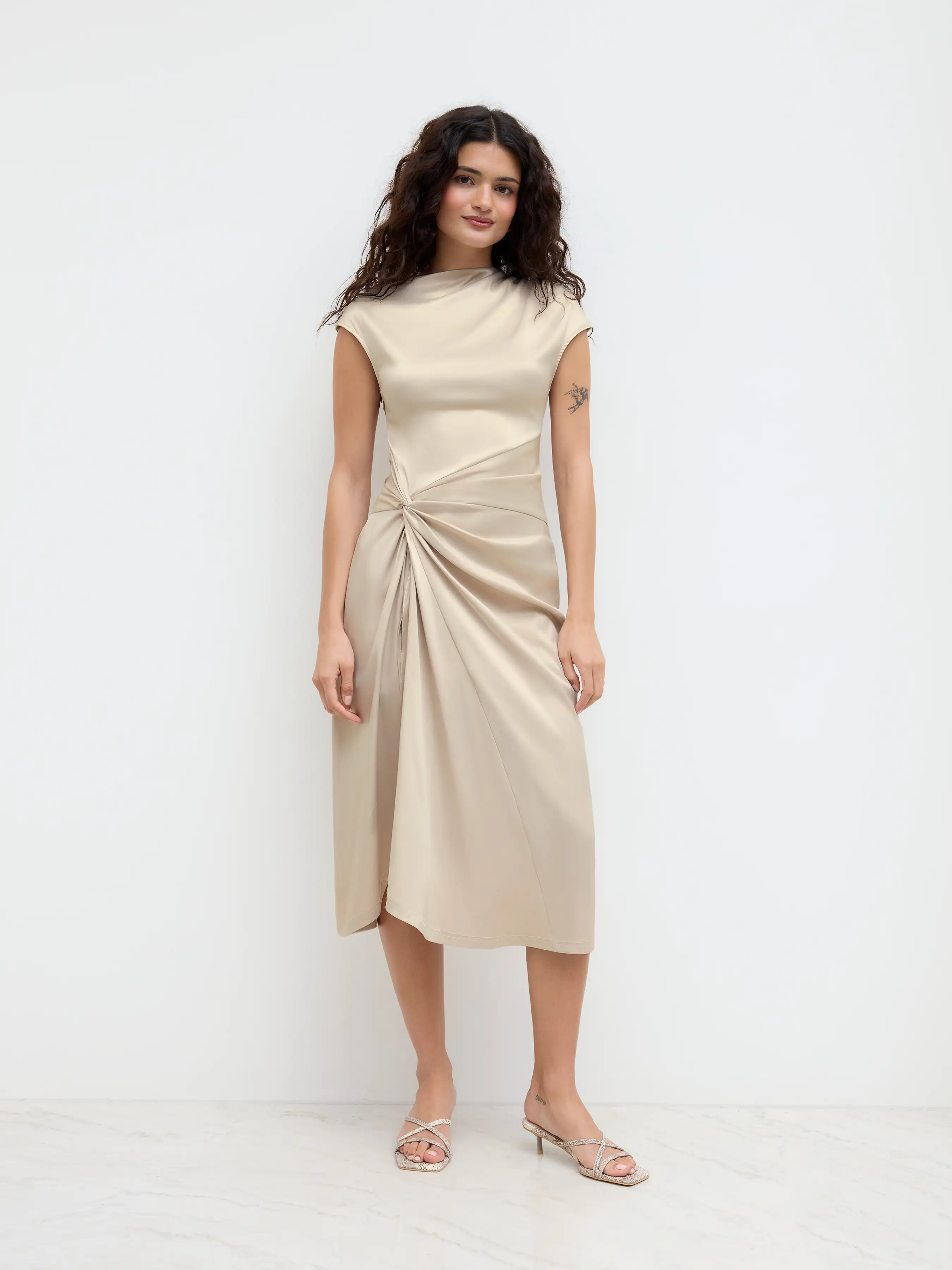 Satin Asymmetrical Neck Twist Split Midi Dress