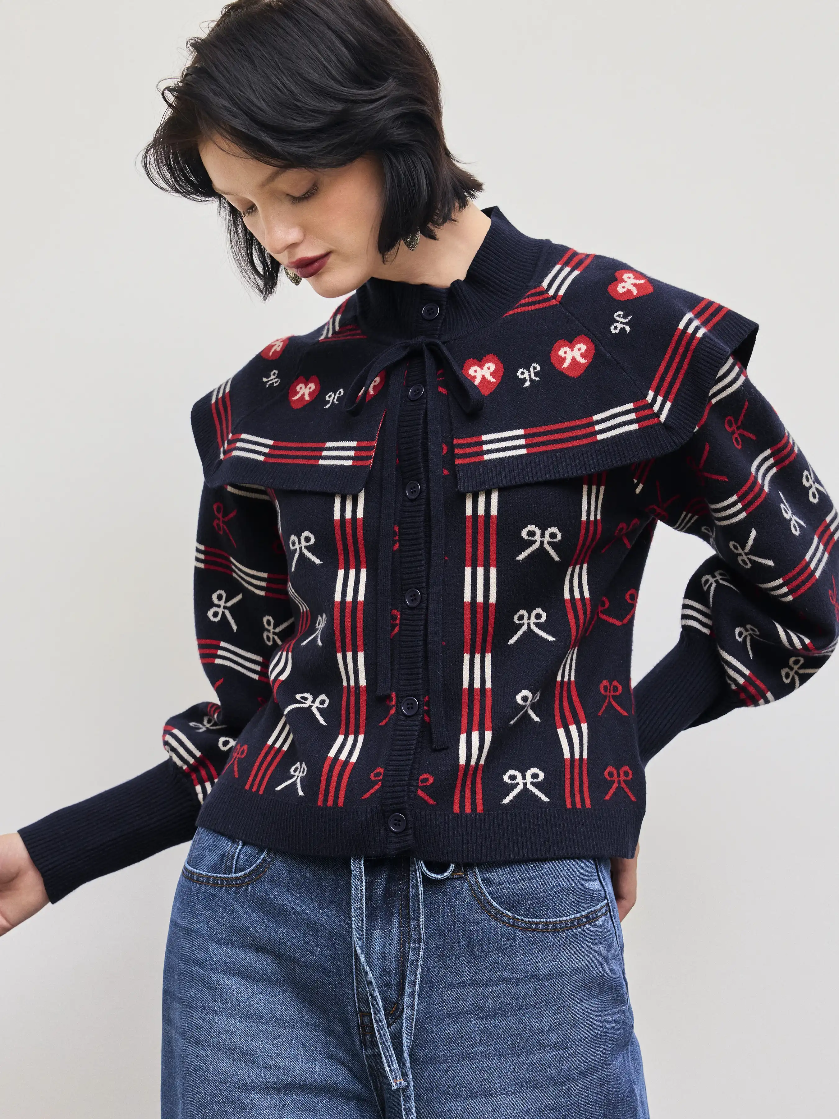 Knit Doll Collar Bowknot Cardigan