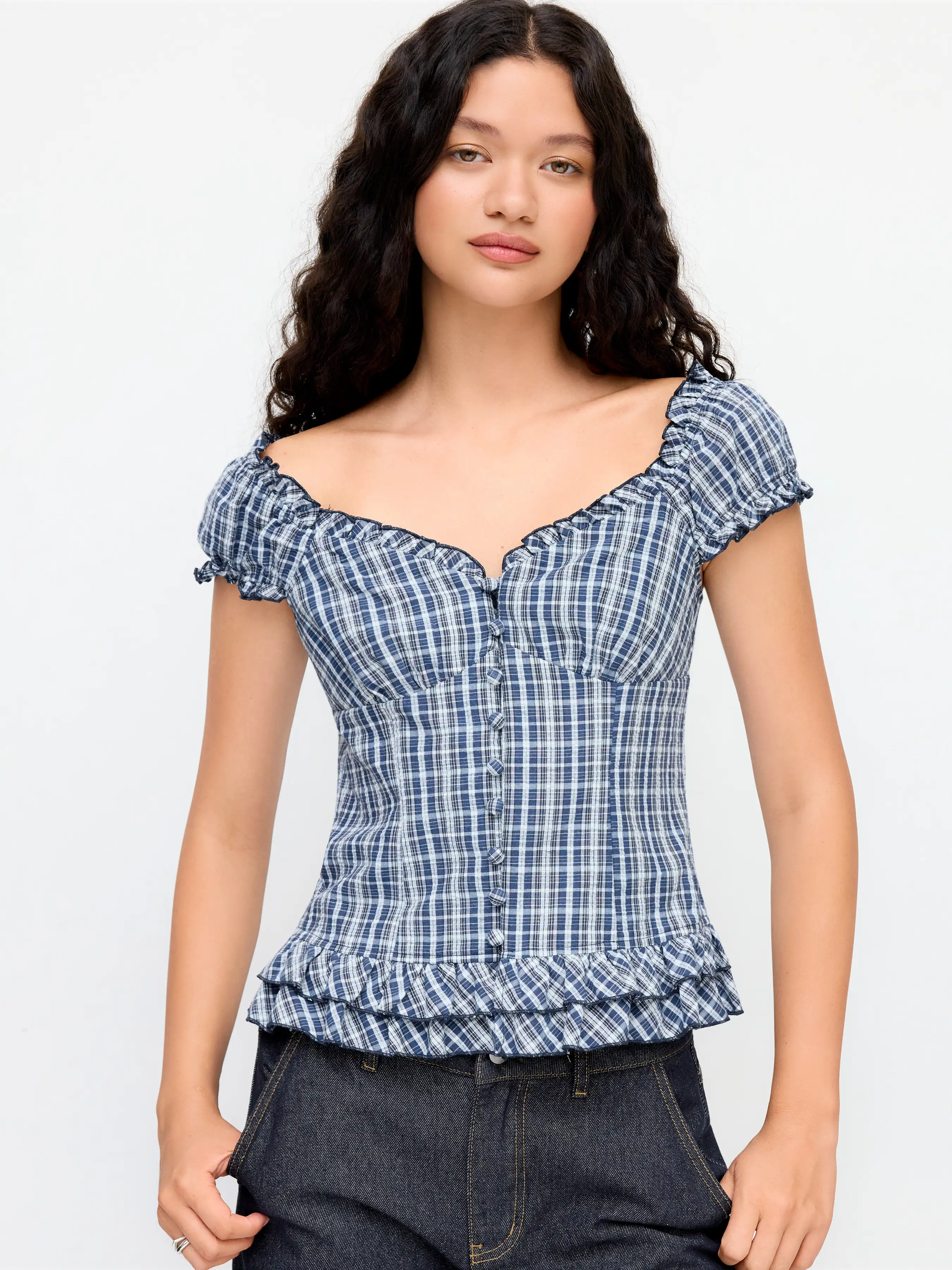 Sweetheart Tartan Ruched Lettuce Trim Layered Blouse