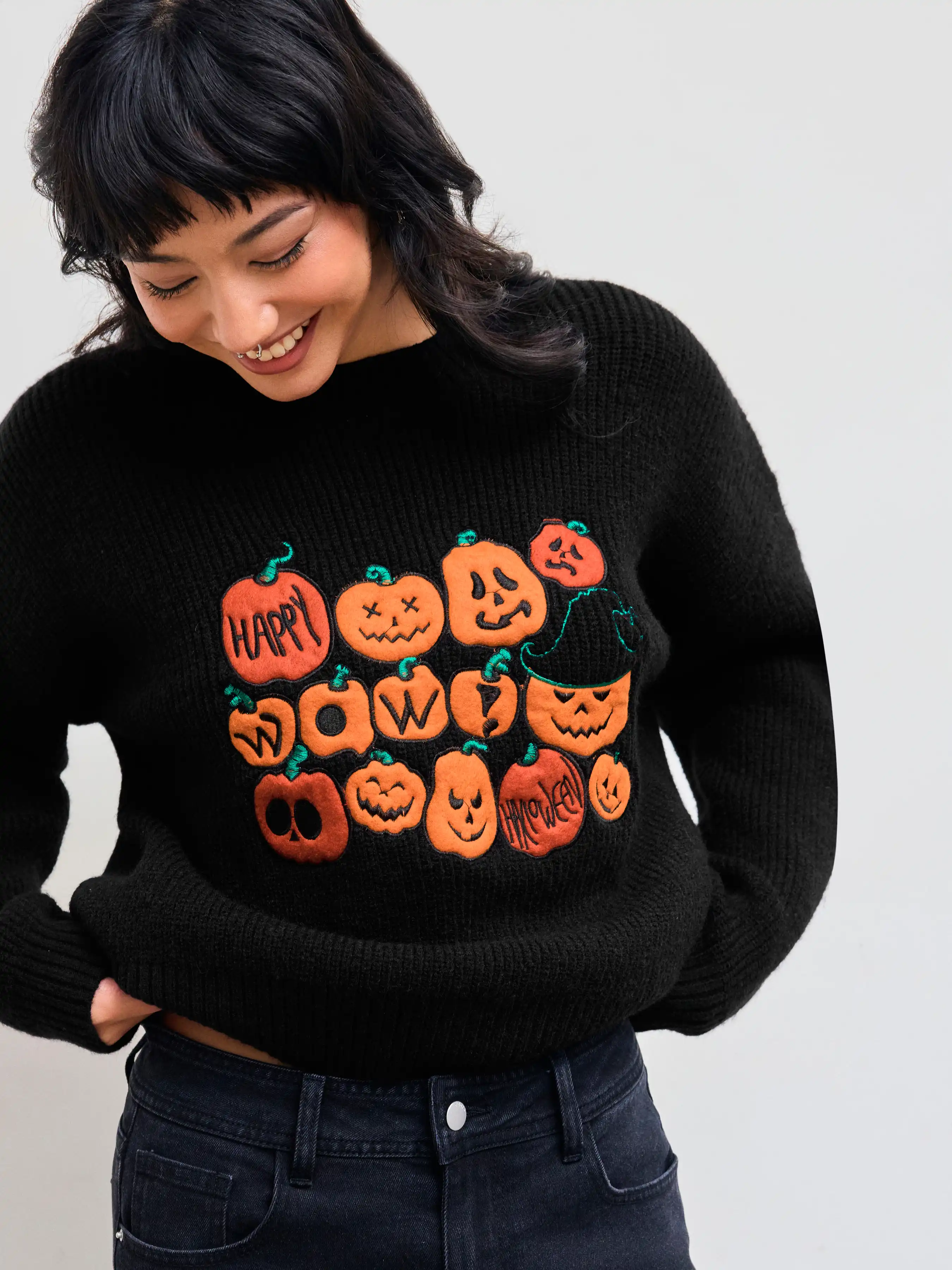 Knit Round Neckline Pumpkin Graphic Oversized Long Sleeve Top