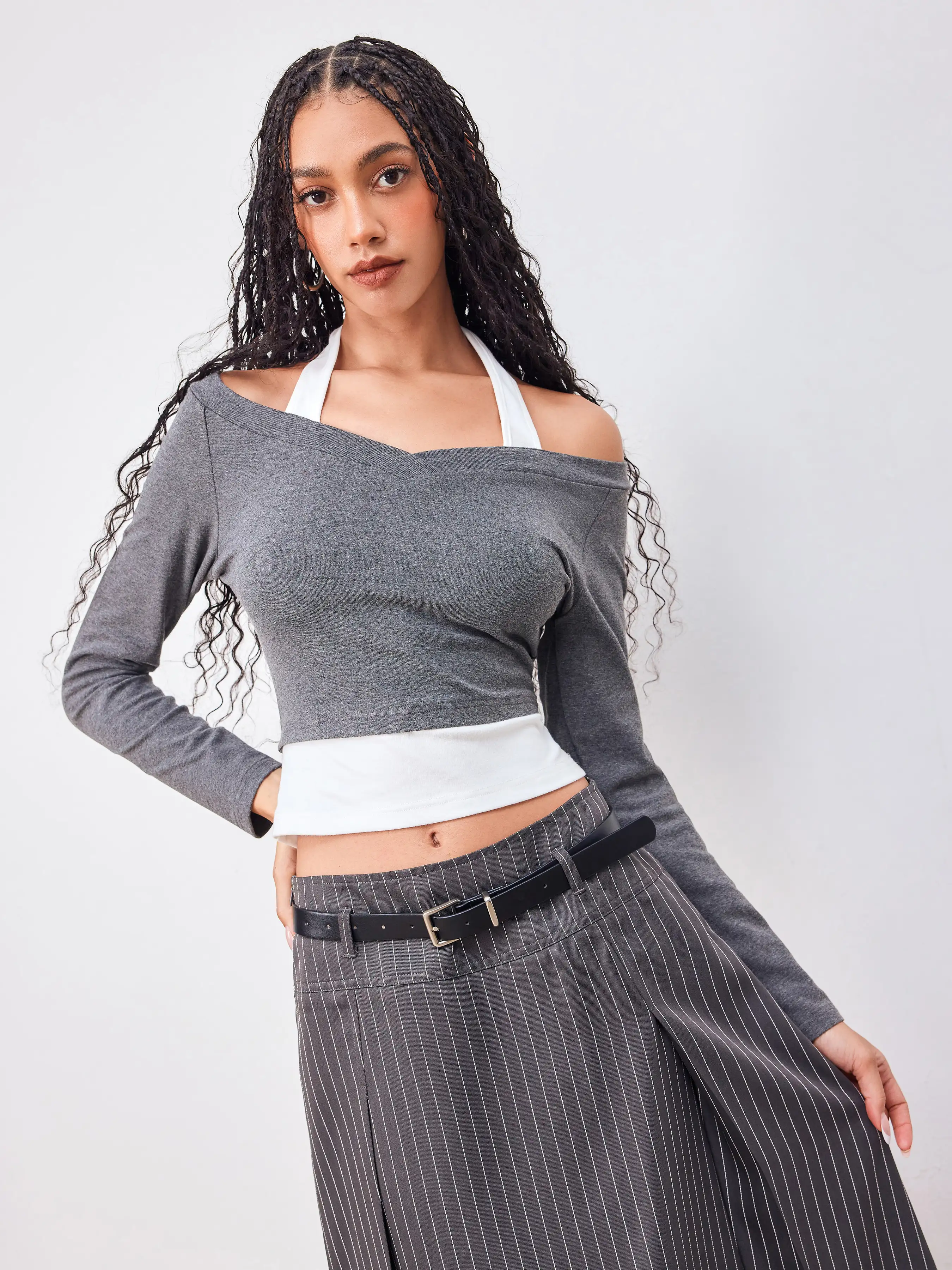Cotton-blend Halter Neckline Two Tone Long Sleeve Tee