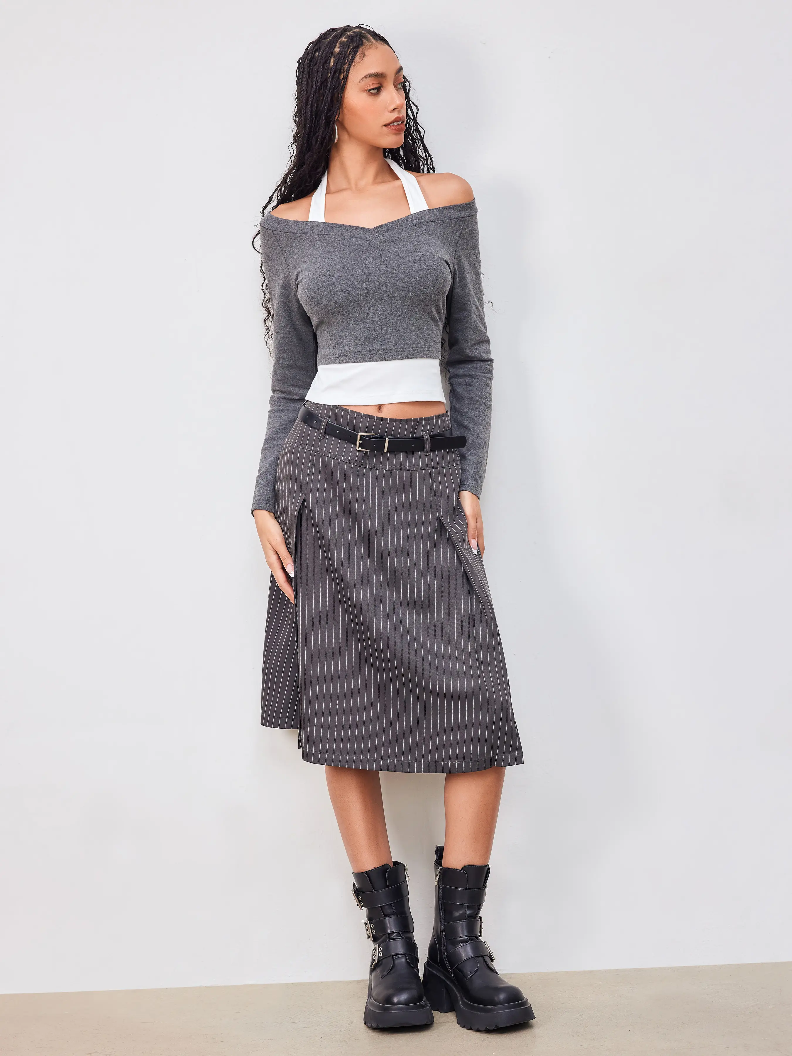 Cotton-blend Halter Neckline Two Tone Long Sleeve Tee