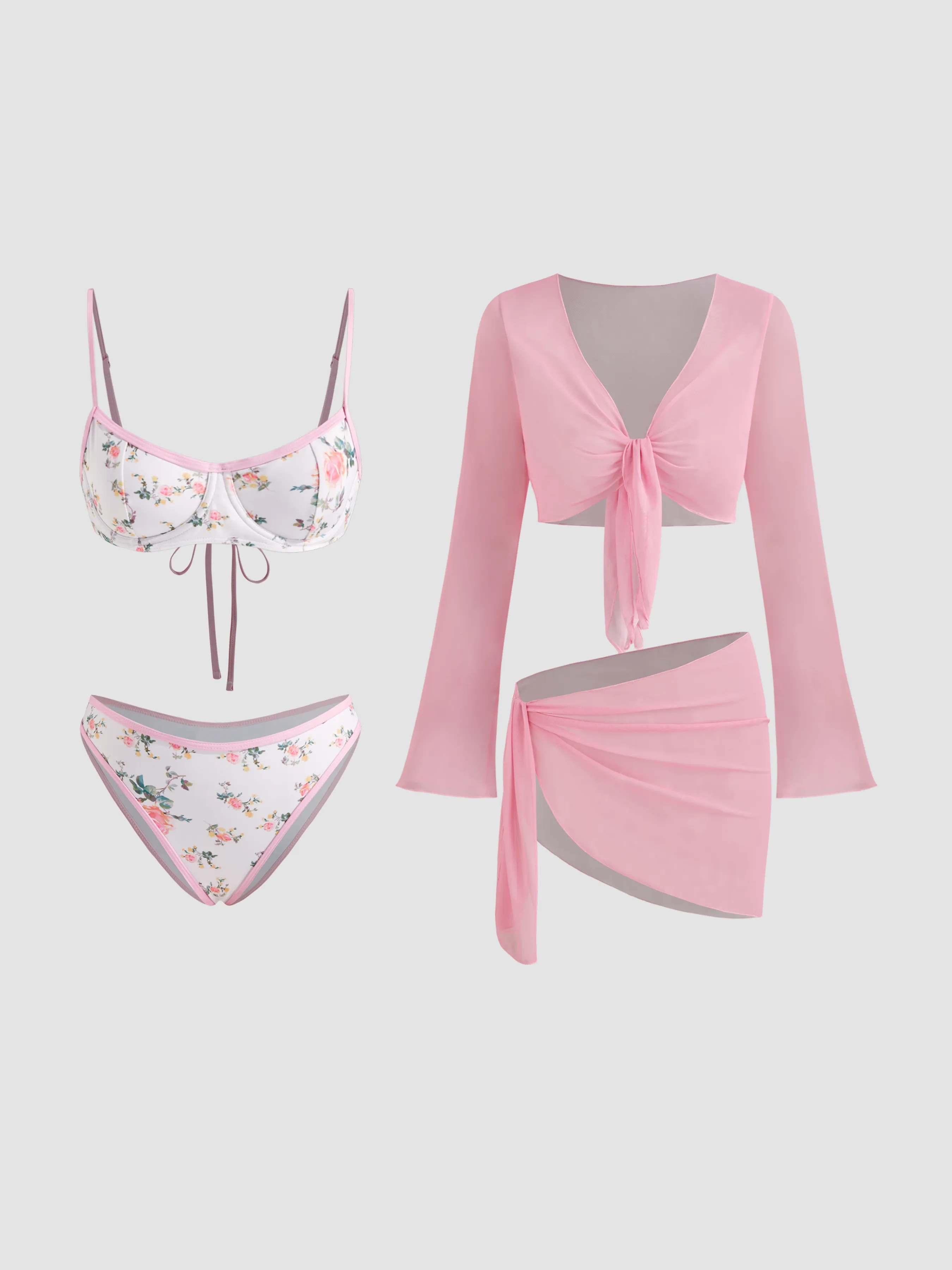 U-neckline Floral Contrasting Binding Underwire Cheeky Bikini Set With Cover Up Set