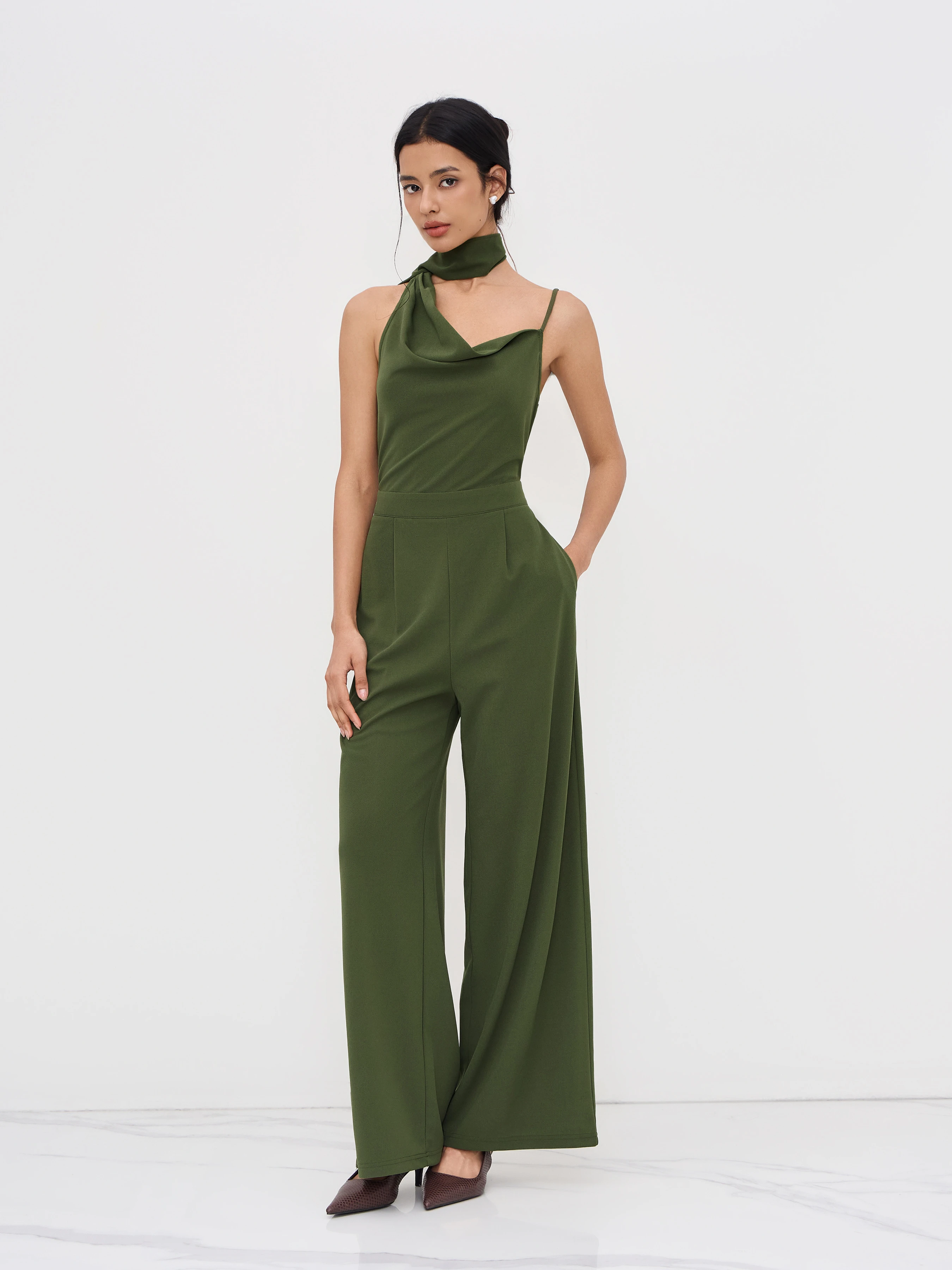 Asymmetrical Cowl Neck Wide Leg Jumpsuit With Scarf