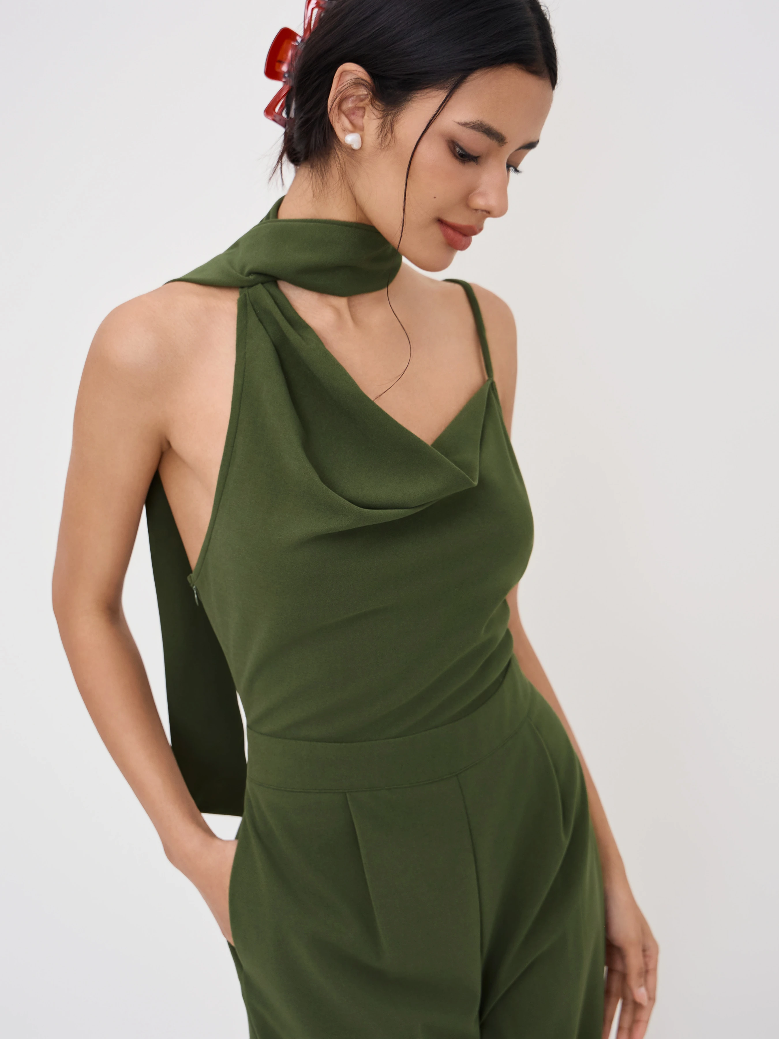 Asymmetrical Cowl Neck Wide Leg Jumpsuit With Scarf