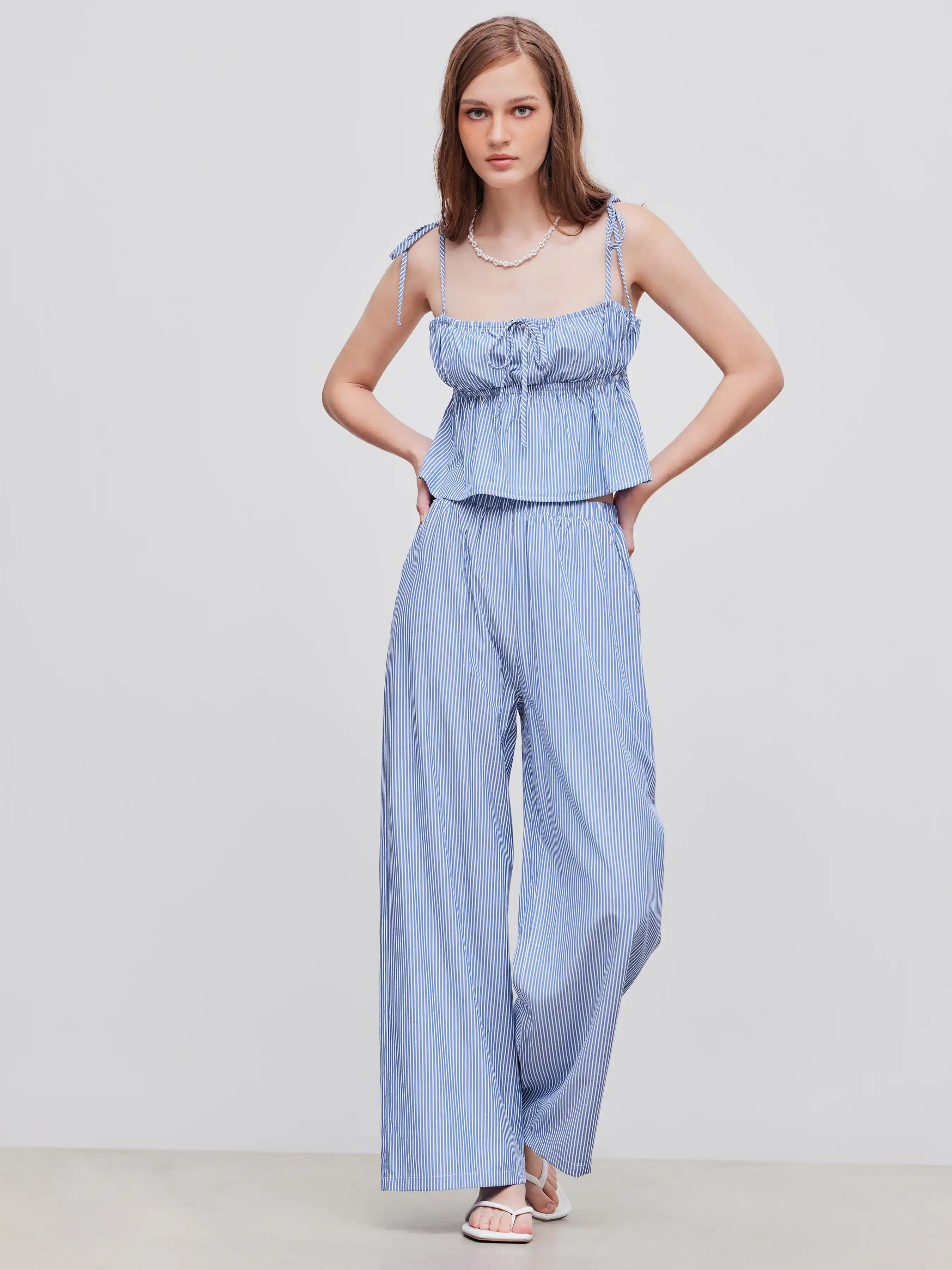 Square Neck Striped Knotted Crop Cami Top With High Rise Striped Wide Leg Trousers