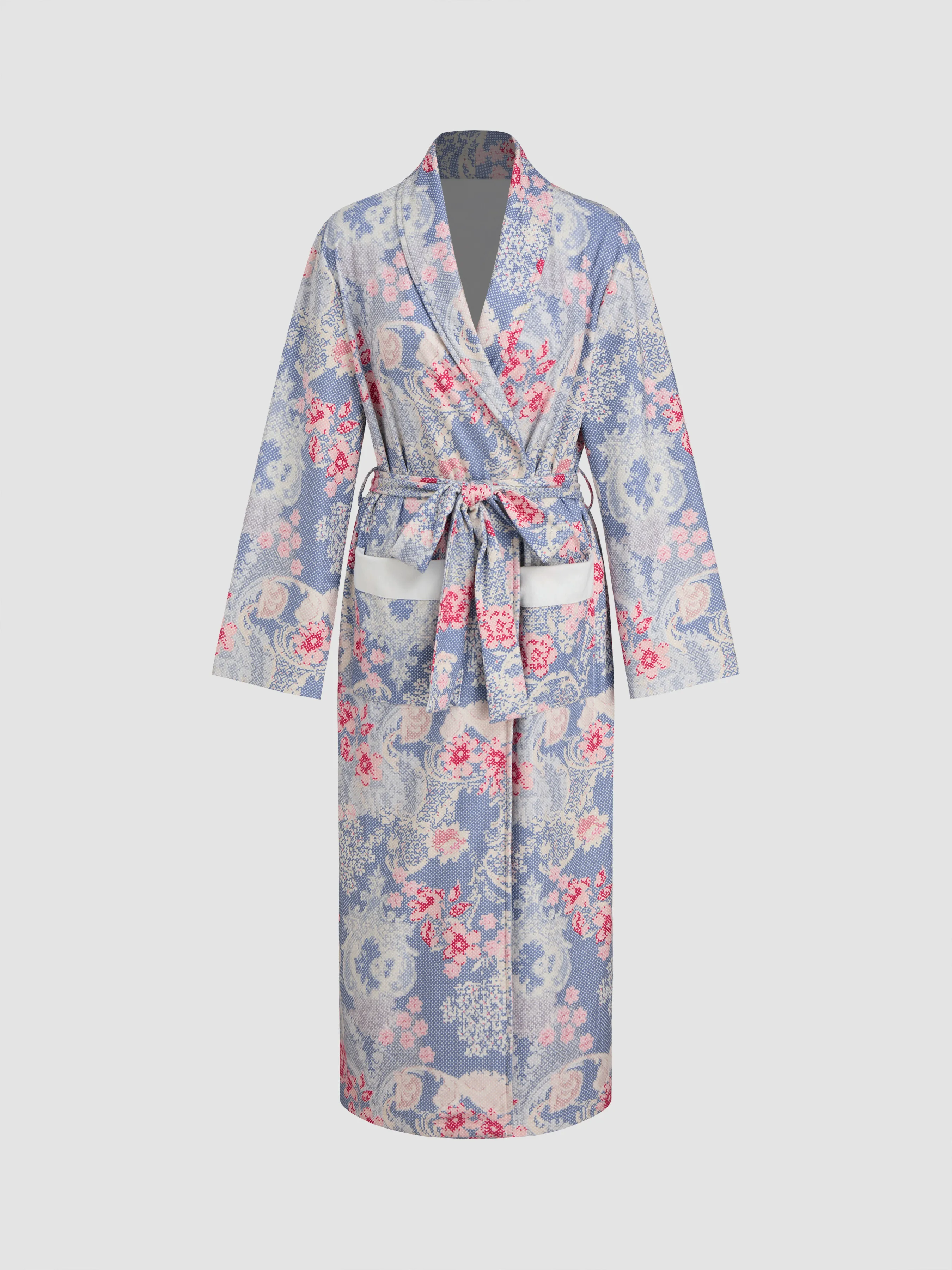 Corduroy V-neck Floral Robe With Belt