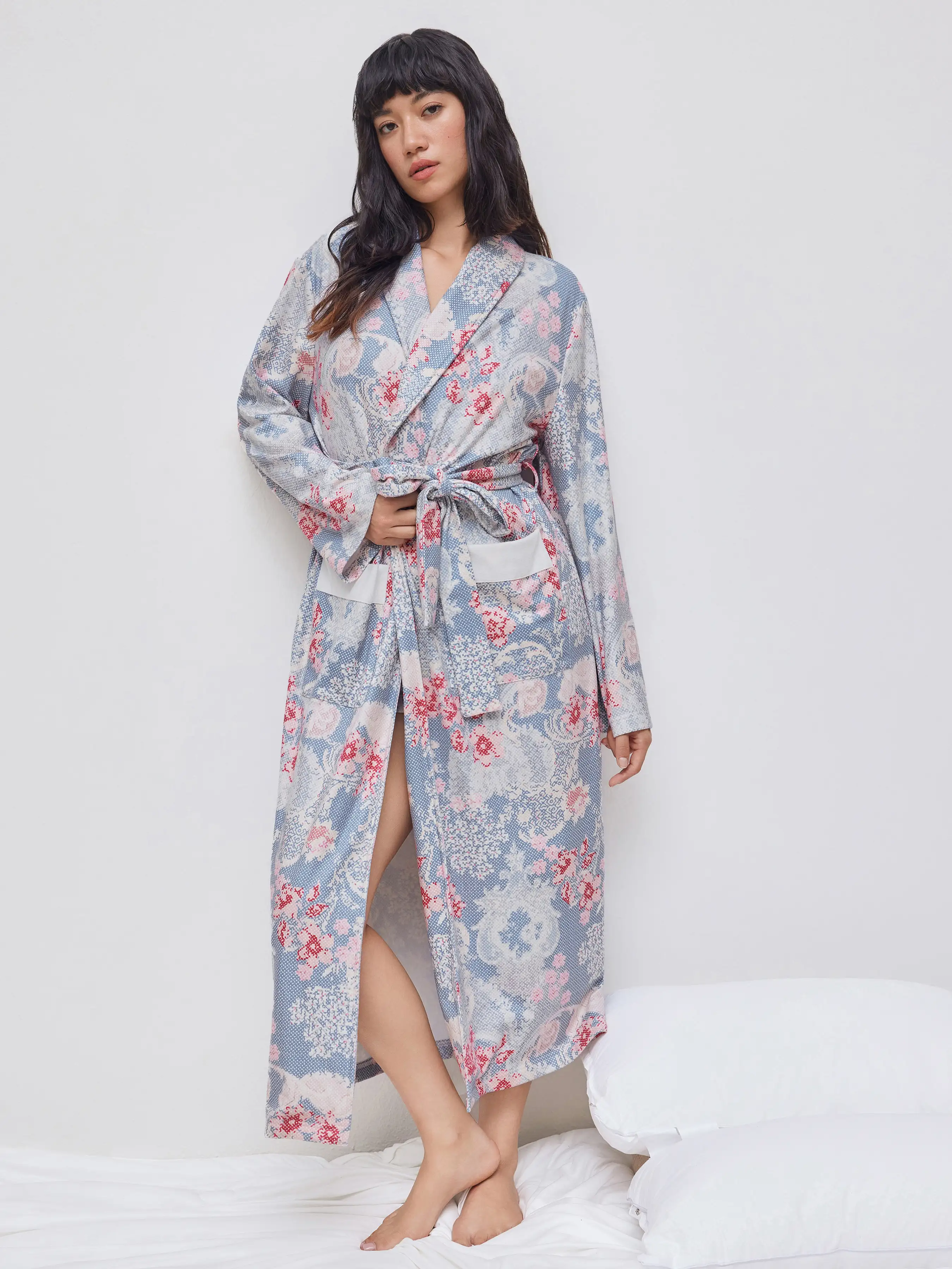 Corduroy V-neck Floral Robe With Belt