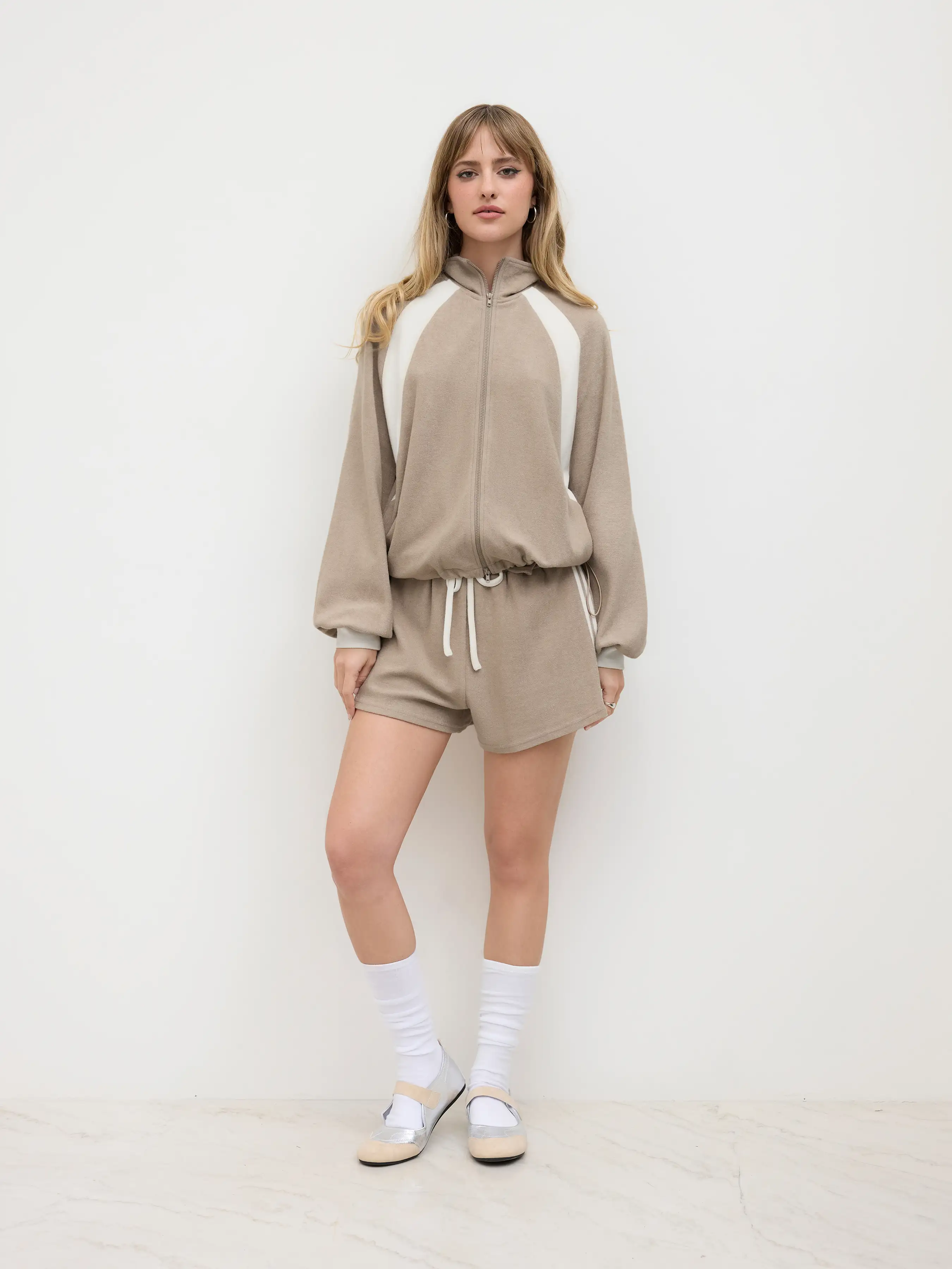 Terry Funnel Neck Colorblock Drawstring Oversized Jacket