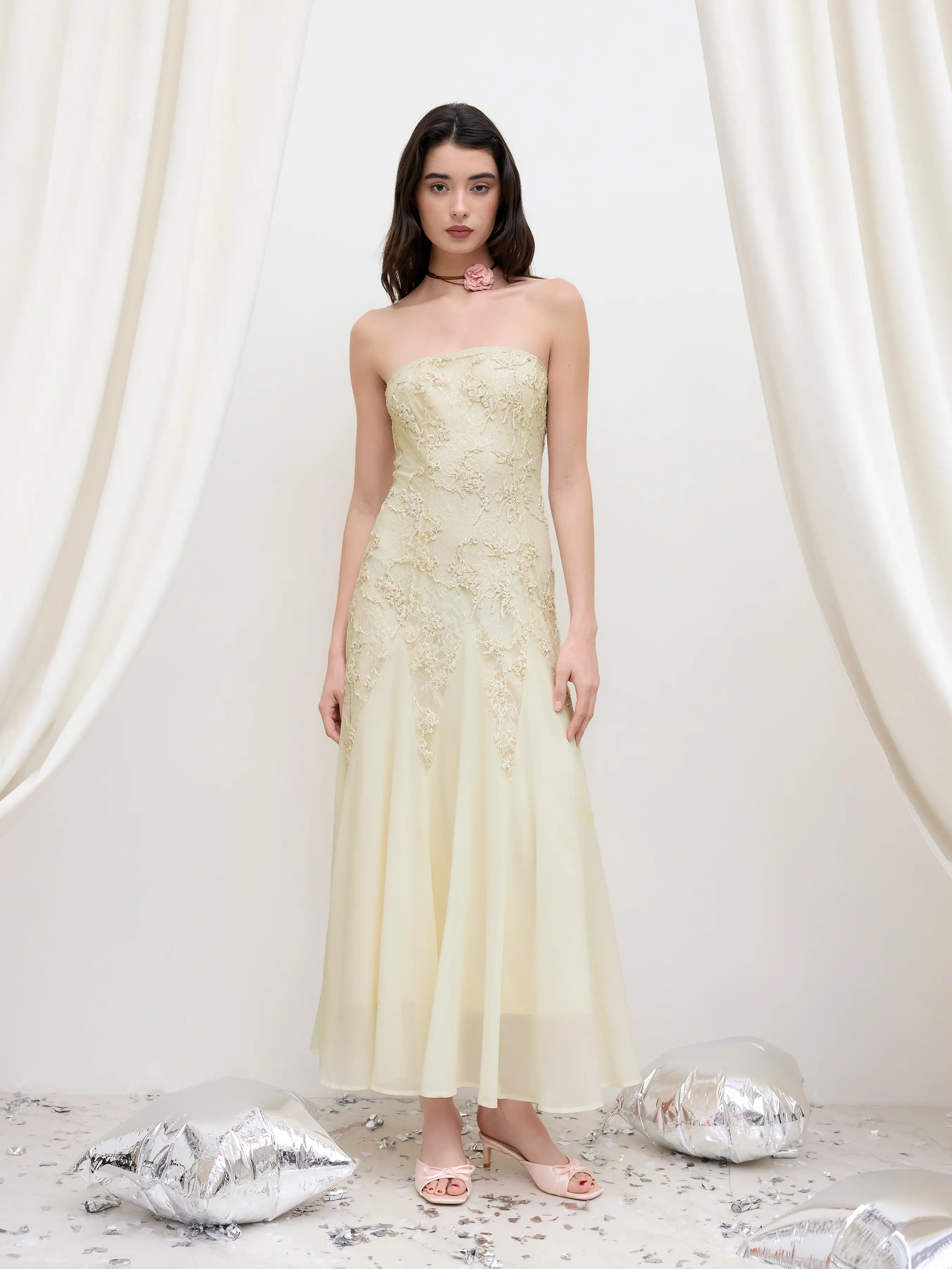 Lace Floral Bandeau Ruffle Maxi Dress