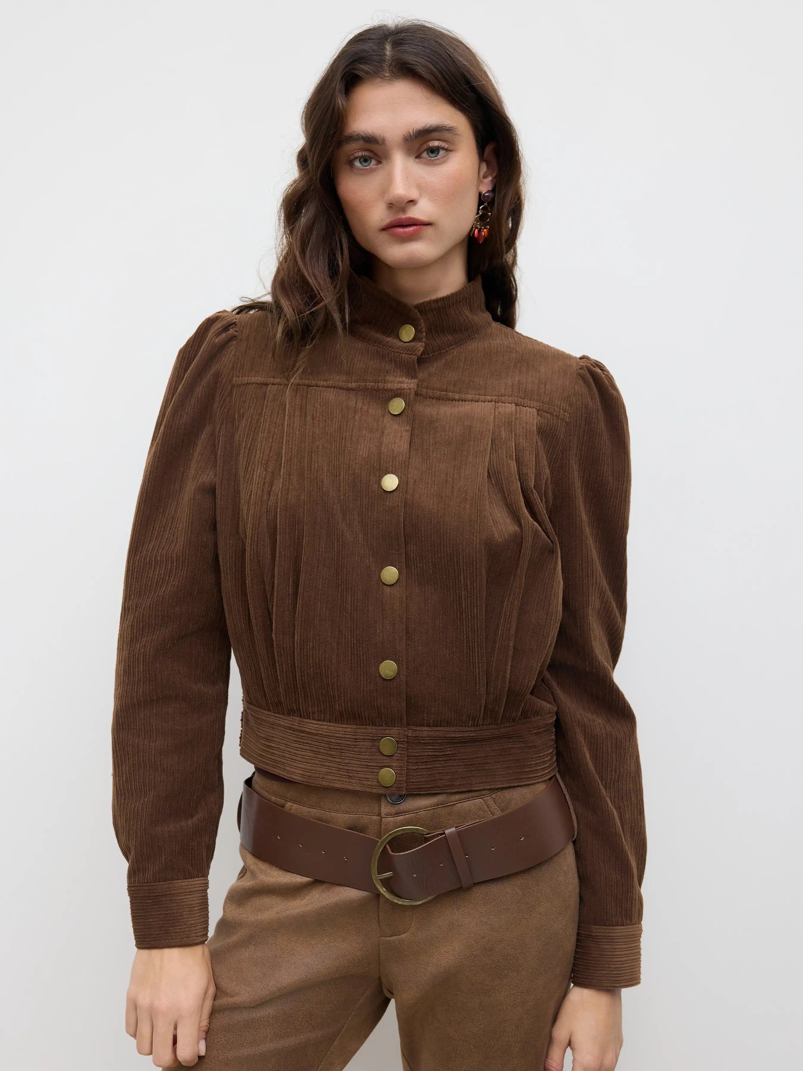 Corduroy High Neck Pleated 	Oversized Jacket