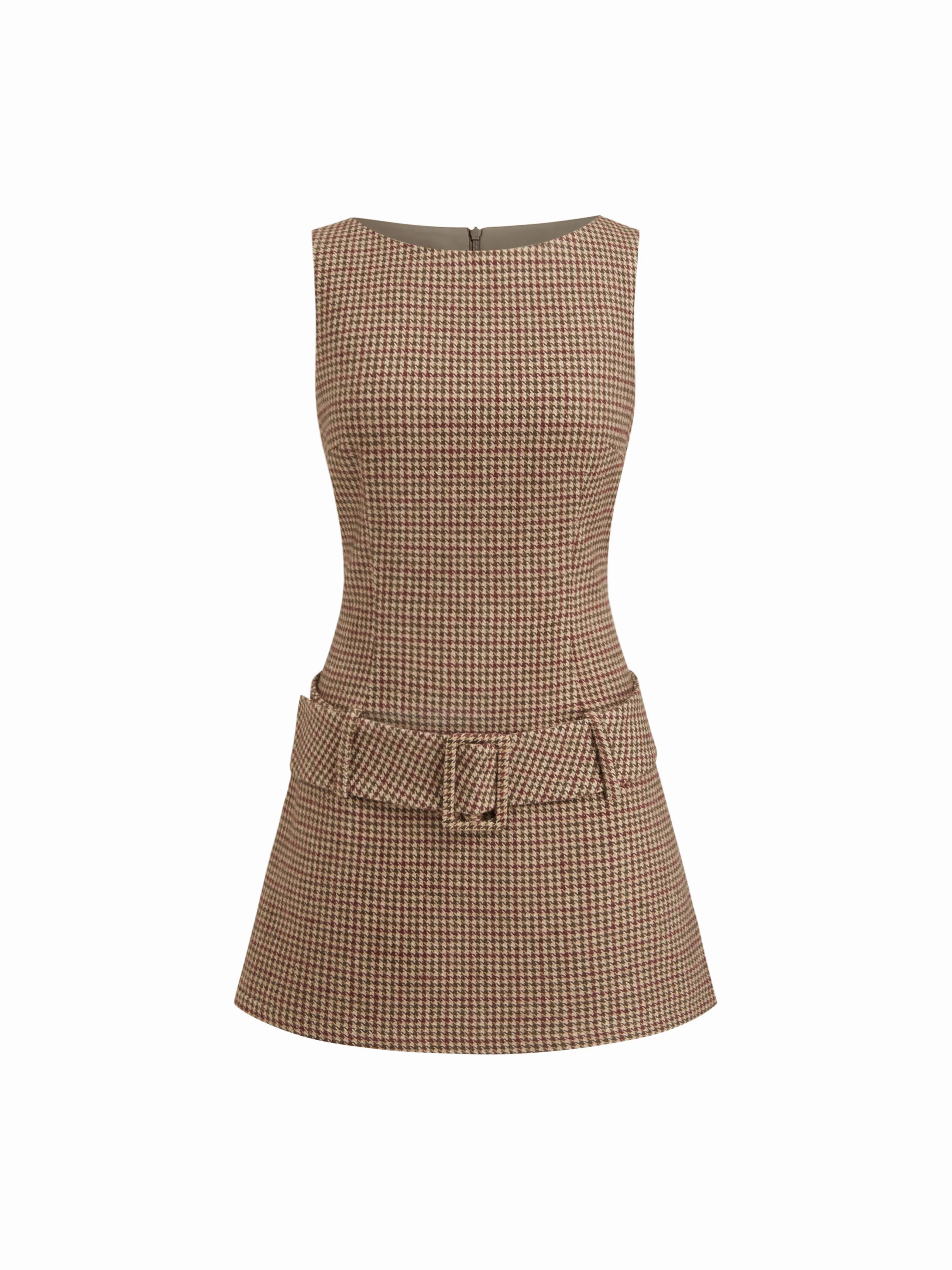 Boat Neck Houndstooth Belted Mini Dress