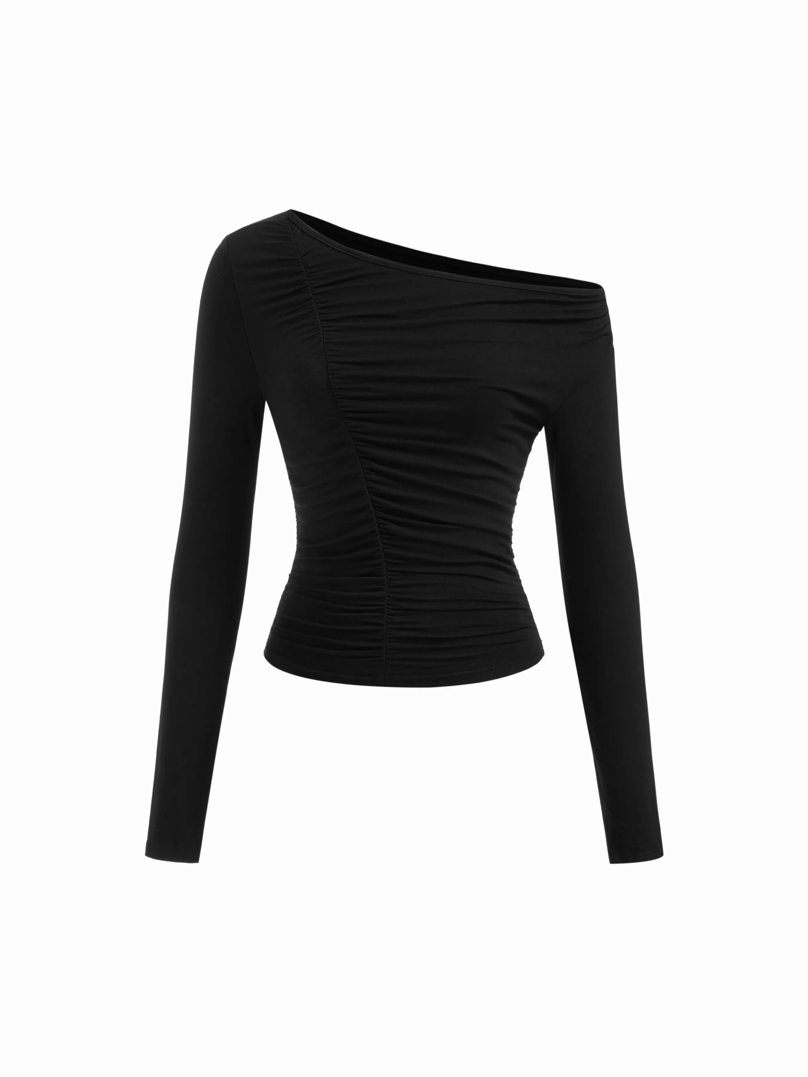 Asymmetrical Neckline Long Sleeve Ruched Tee