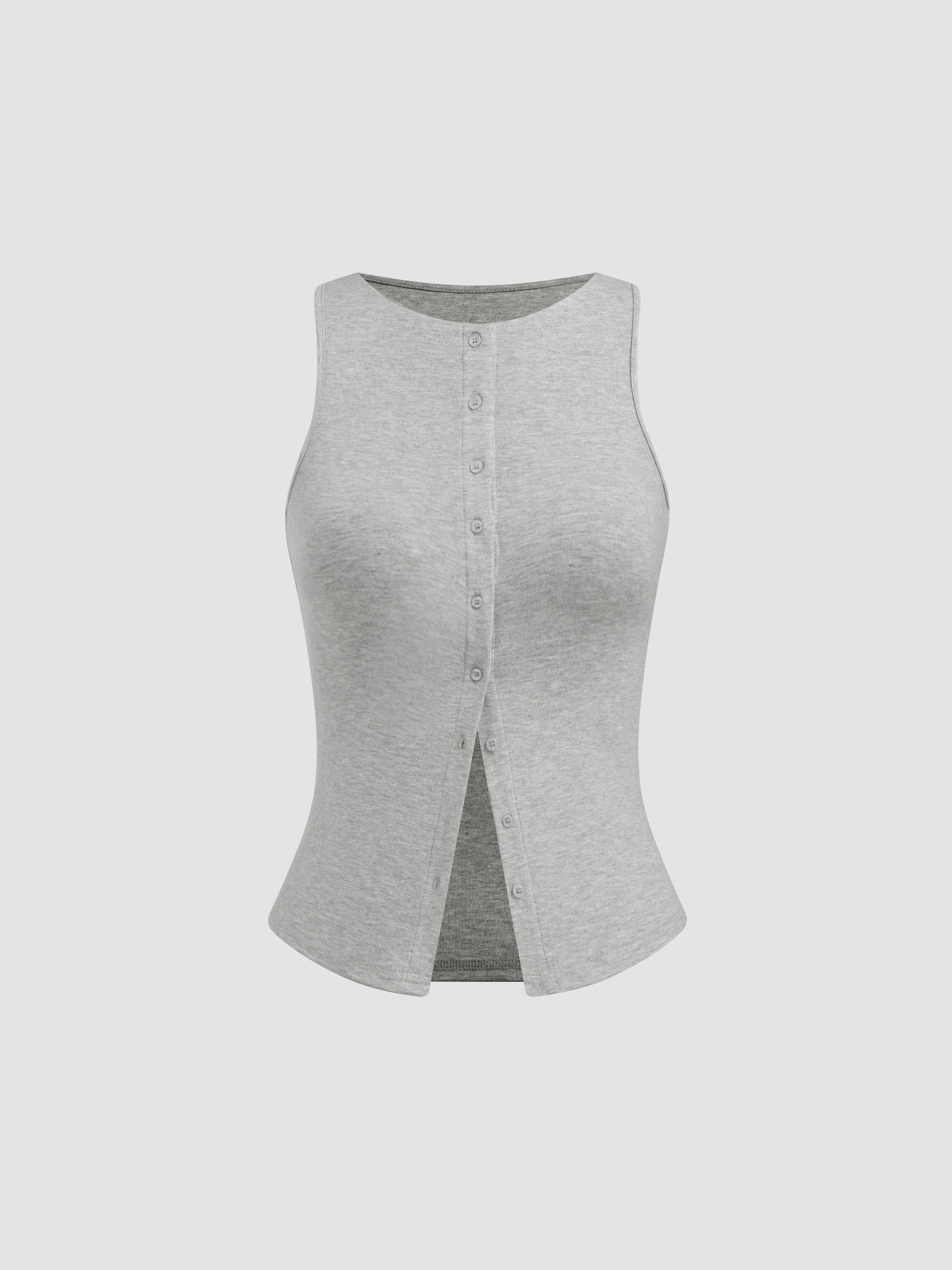 Round Neckline Solid Button Crop Tank Top