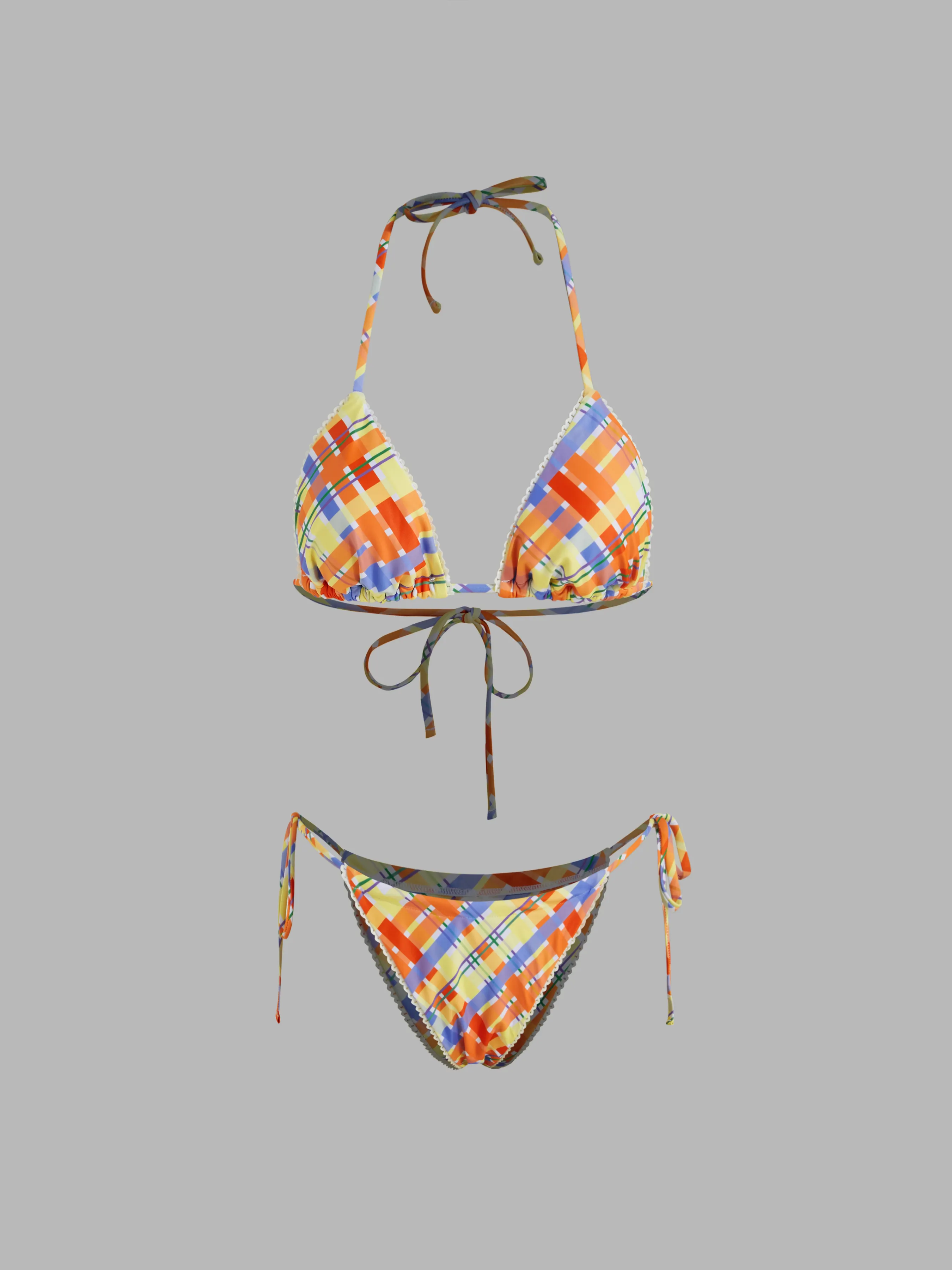 Halter Neckline Check Knotted Lace Trim Triangle Tie Side Bikini Set