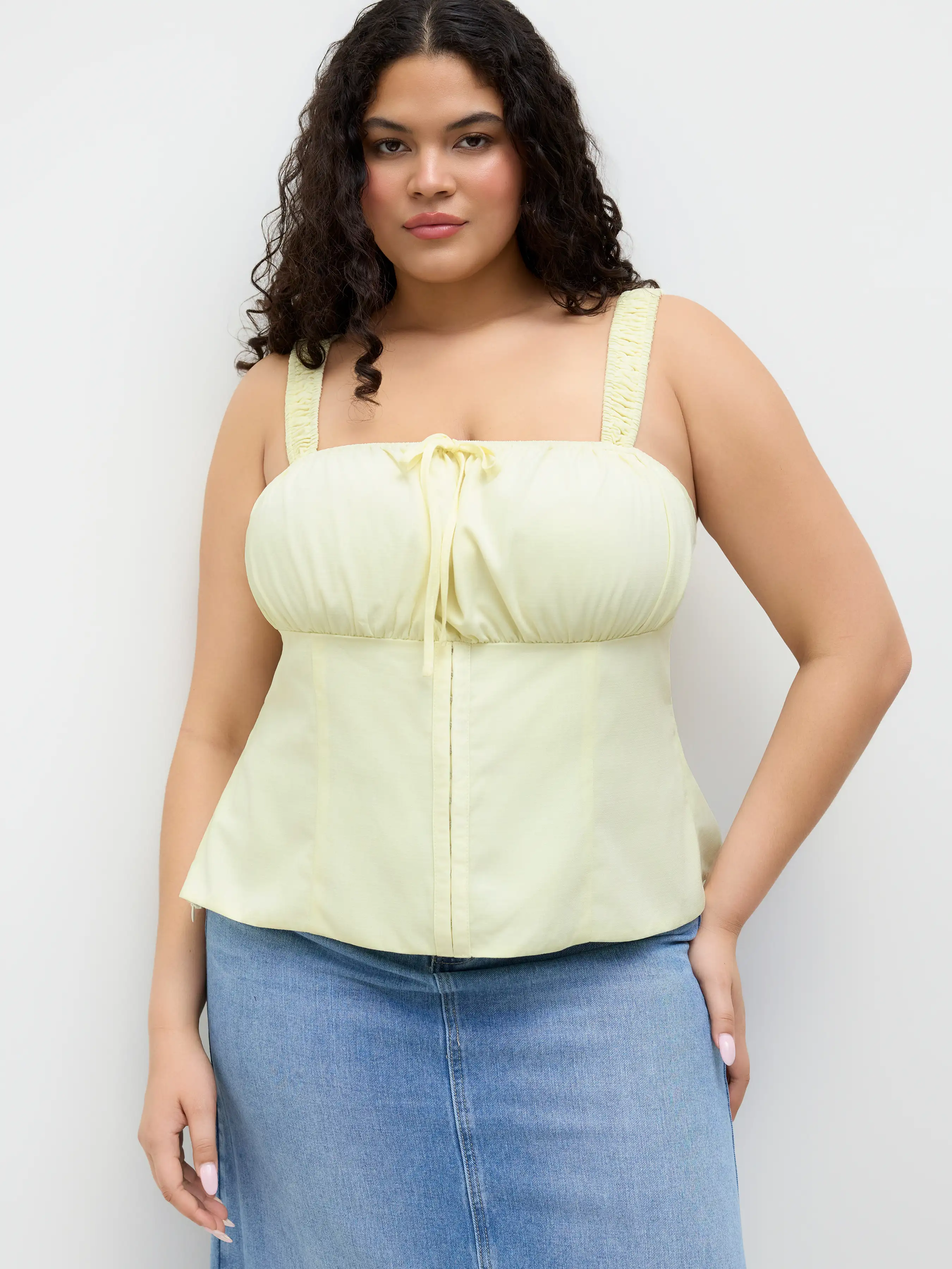 Square Neck Ruched Tie Front Tank Top Curve & Plus