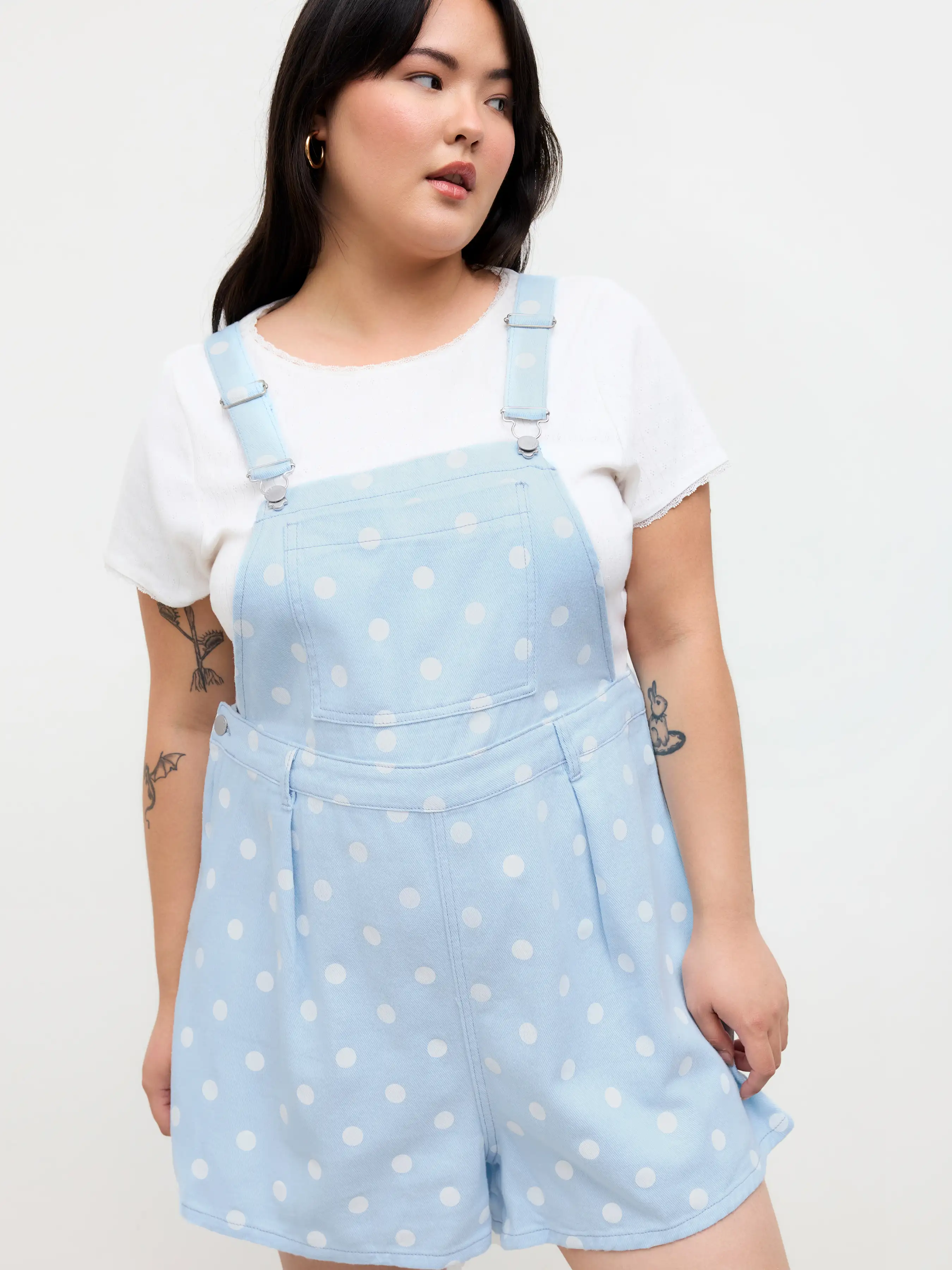 Denim Polka Dot Buckle Up Pleated Romper Curve & Plus