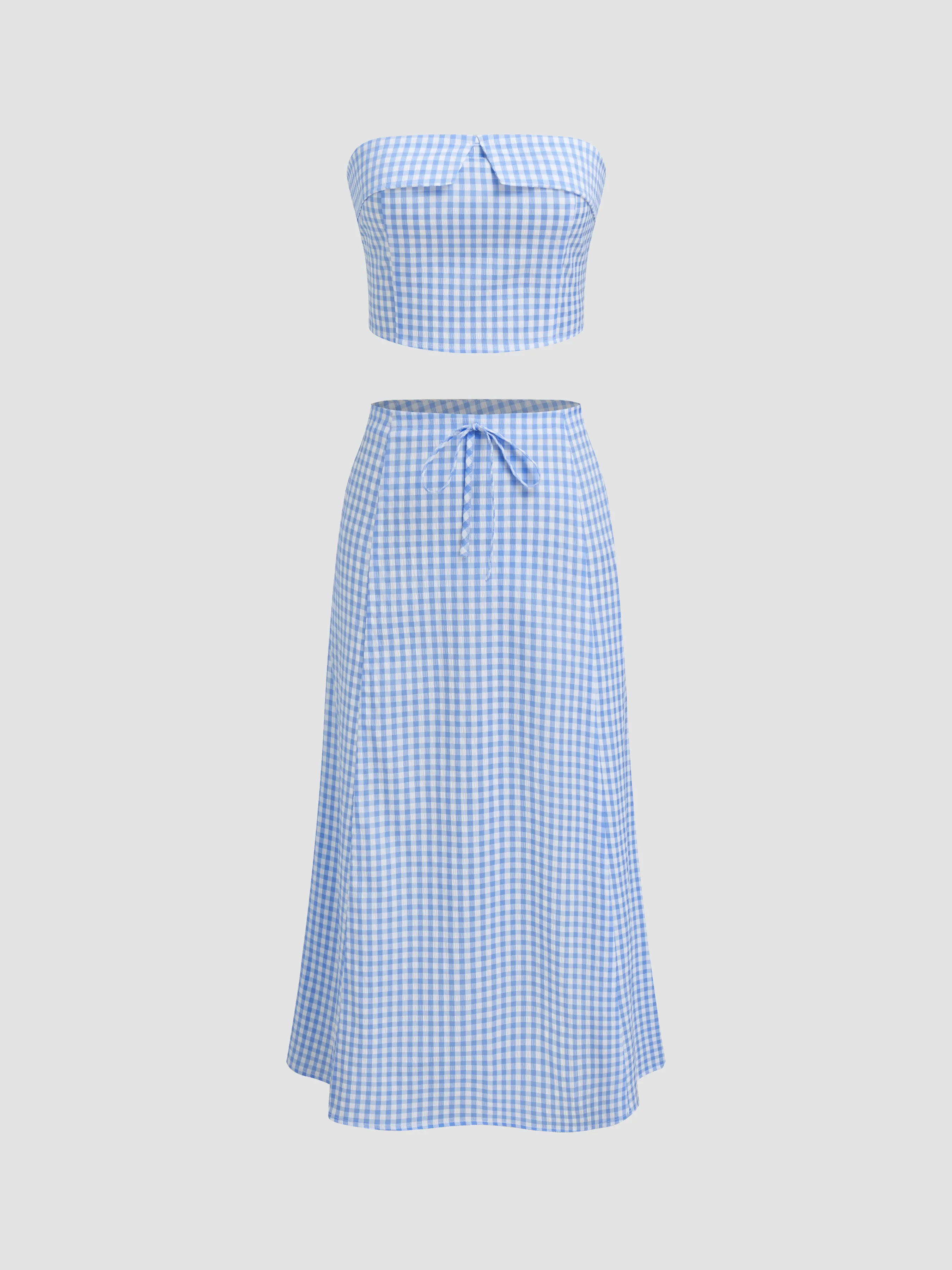 Gingham Shirred Crop Bandeau Top & Bowknot Maxi Skirt Matching Set