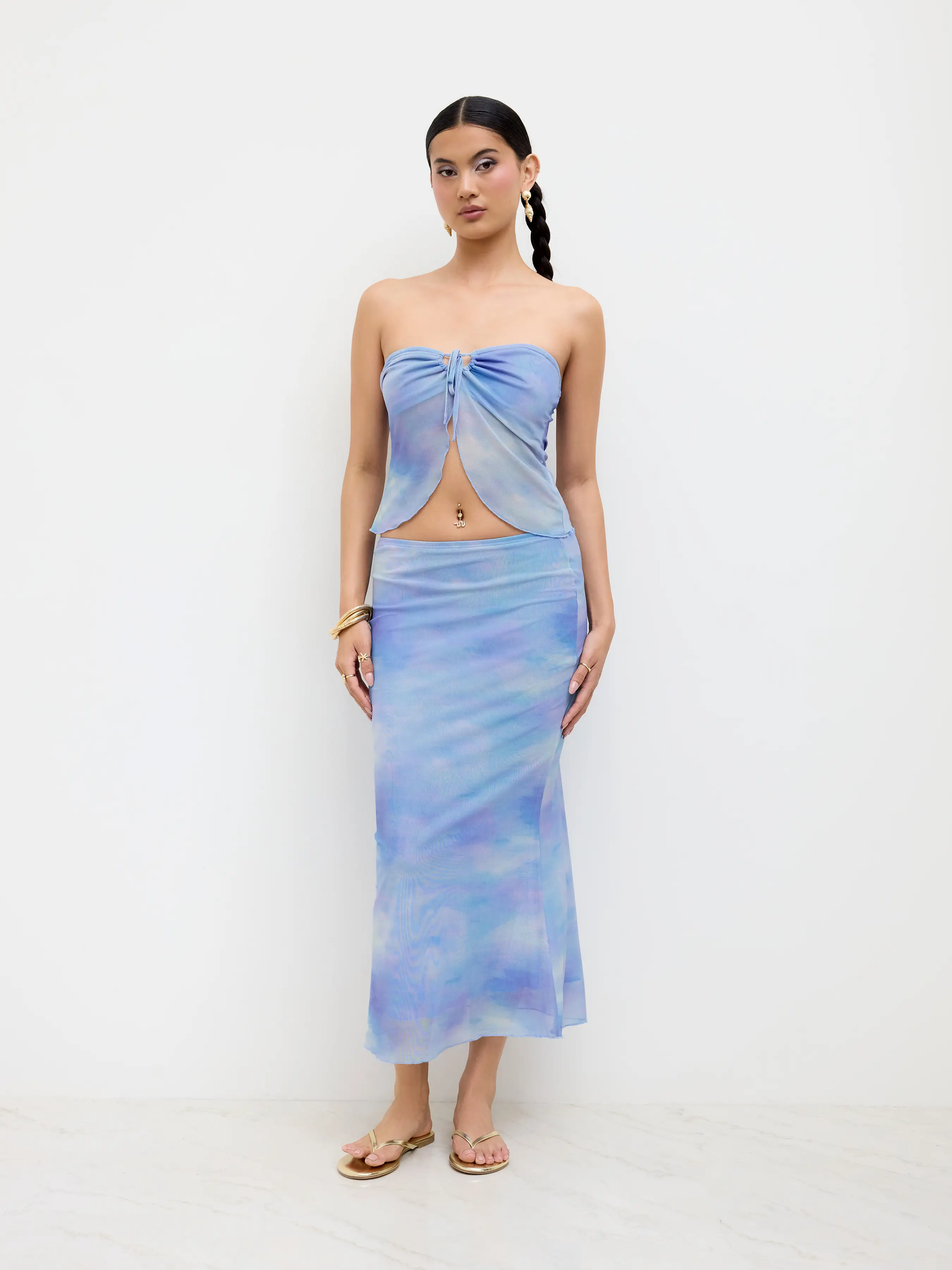 Mesh Illusion Knotted Bandeau Top &  Mid Rise Maxi Skirt Set