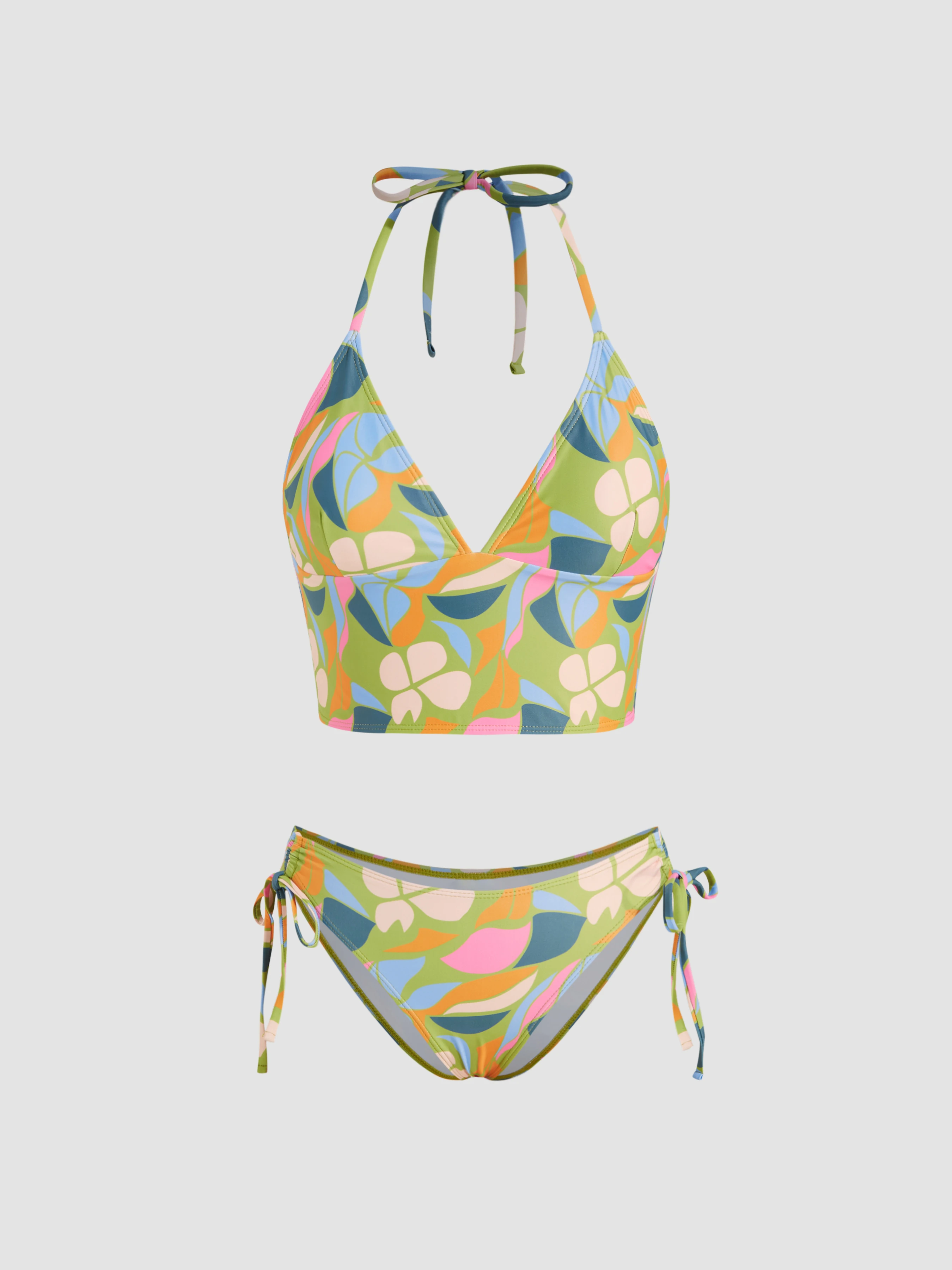 V-neck Floral Knotted Tankini Drawstring Cheeky Bikini Set