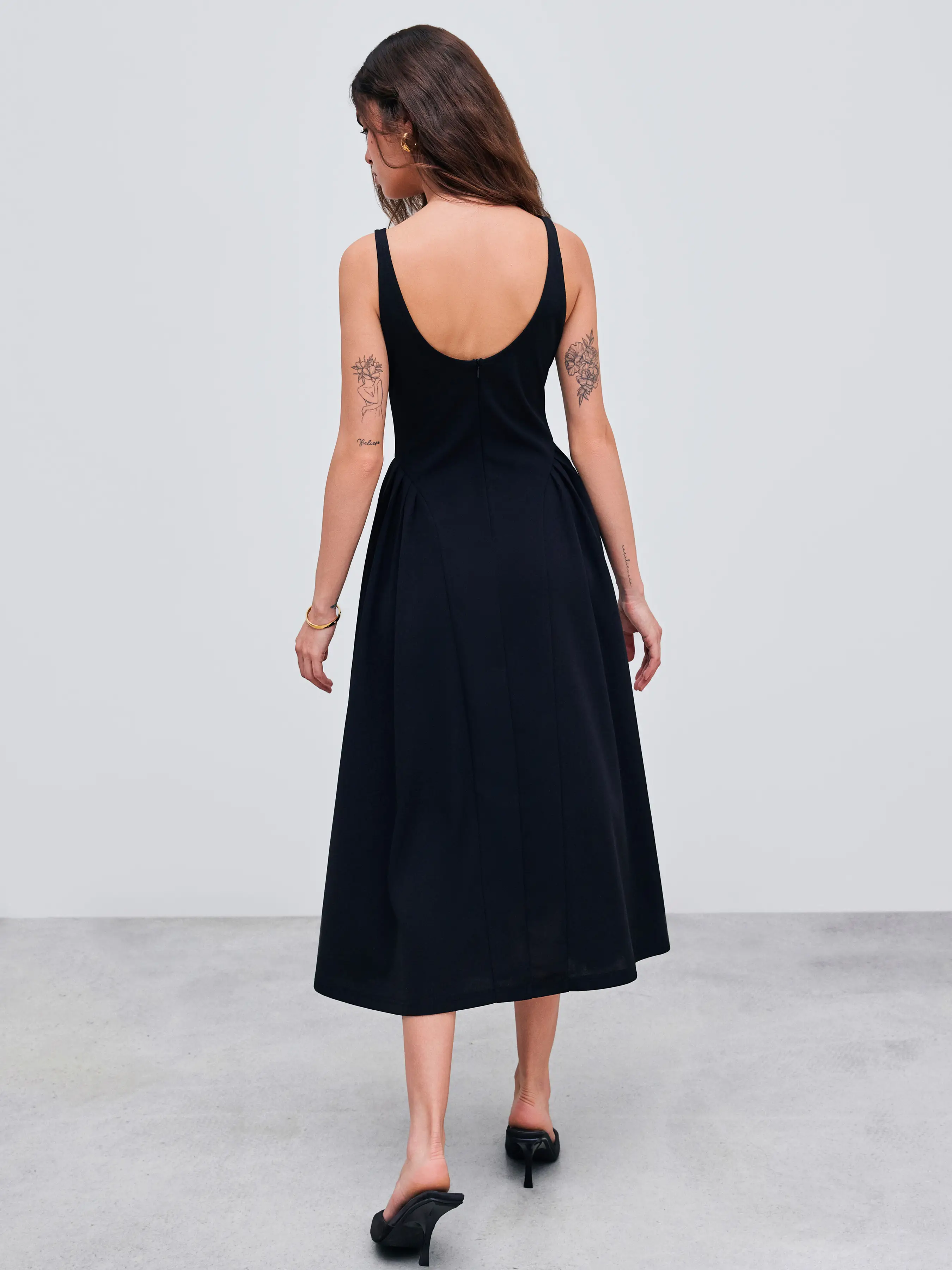 Woven Square Neck Solid Midi Dress