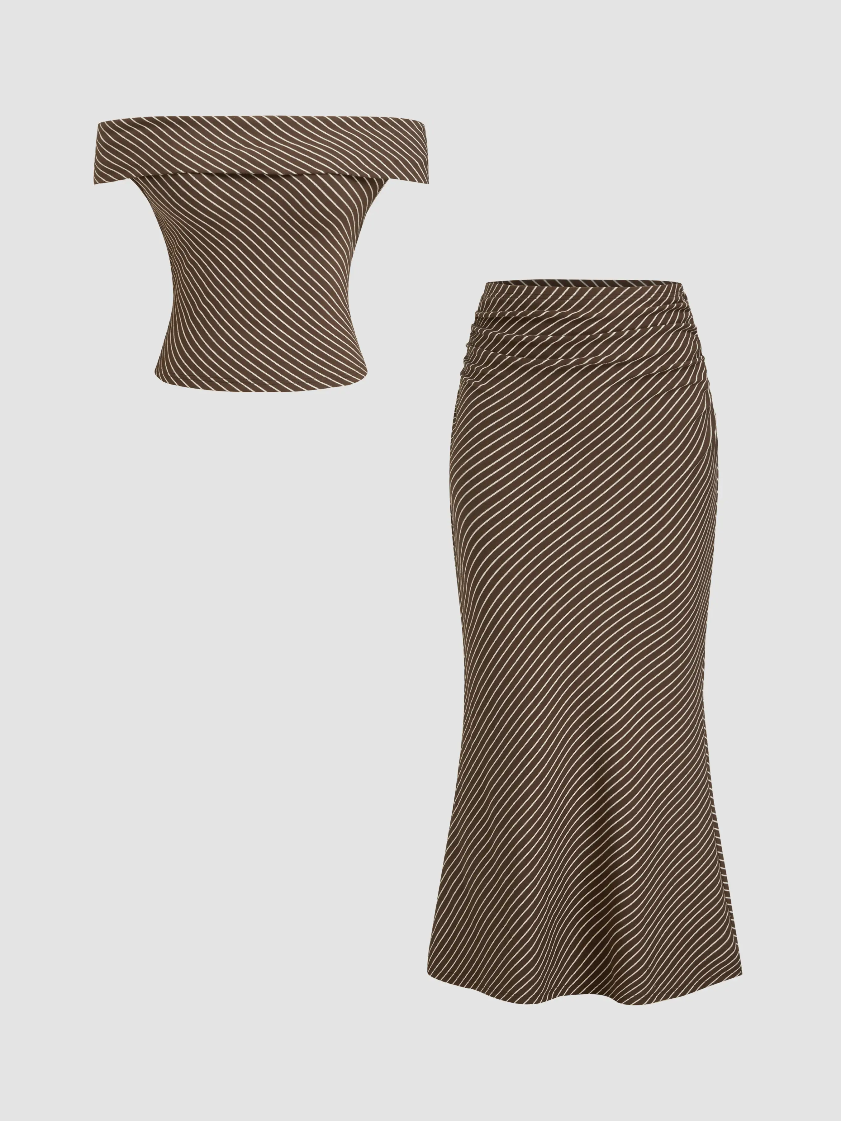 Cotton-blend Off-shoulder Stripes Top & Mid Rise Ruched Maxi Skirt Set