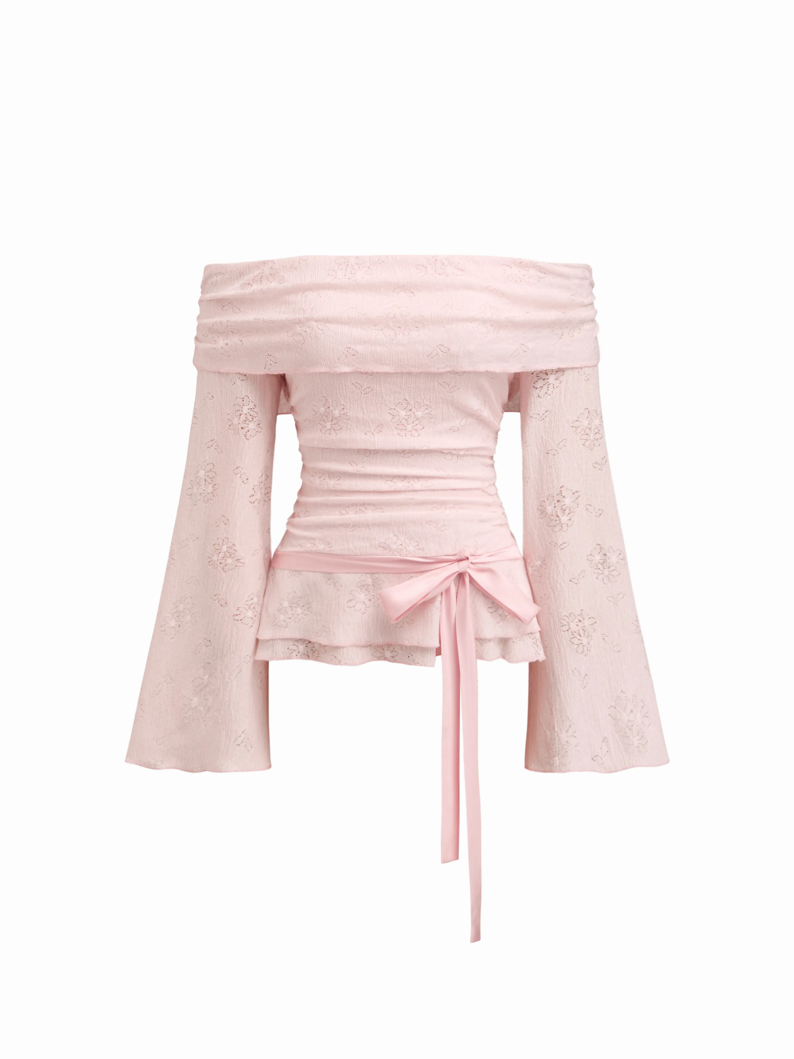 Lace Off-shoulder Floral Knotted Ruched Long Sleeve Top