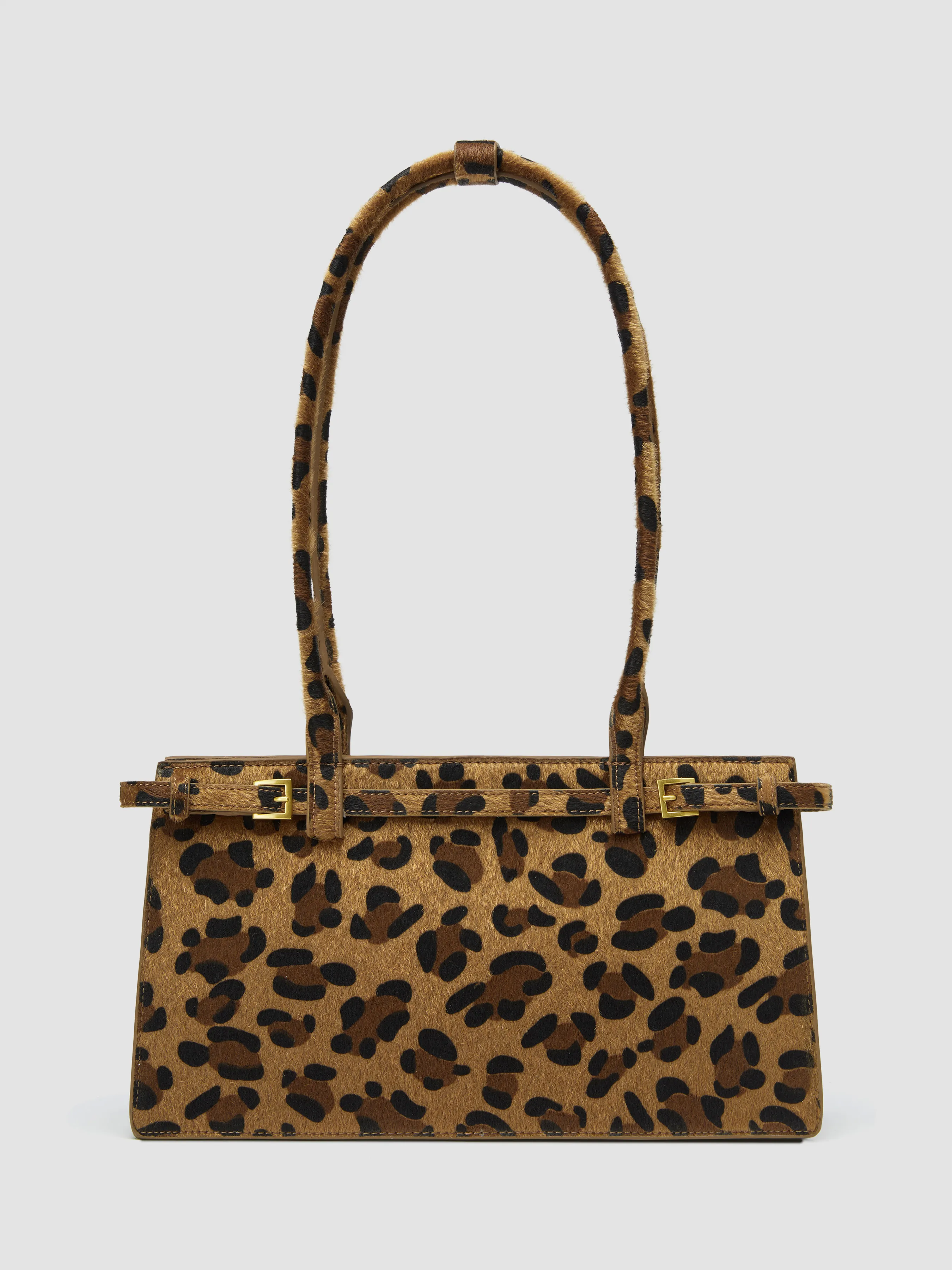 LEOPARD PRINT BELTED FAUX HORSE HAIR SHOULDER BAG