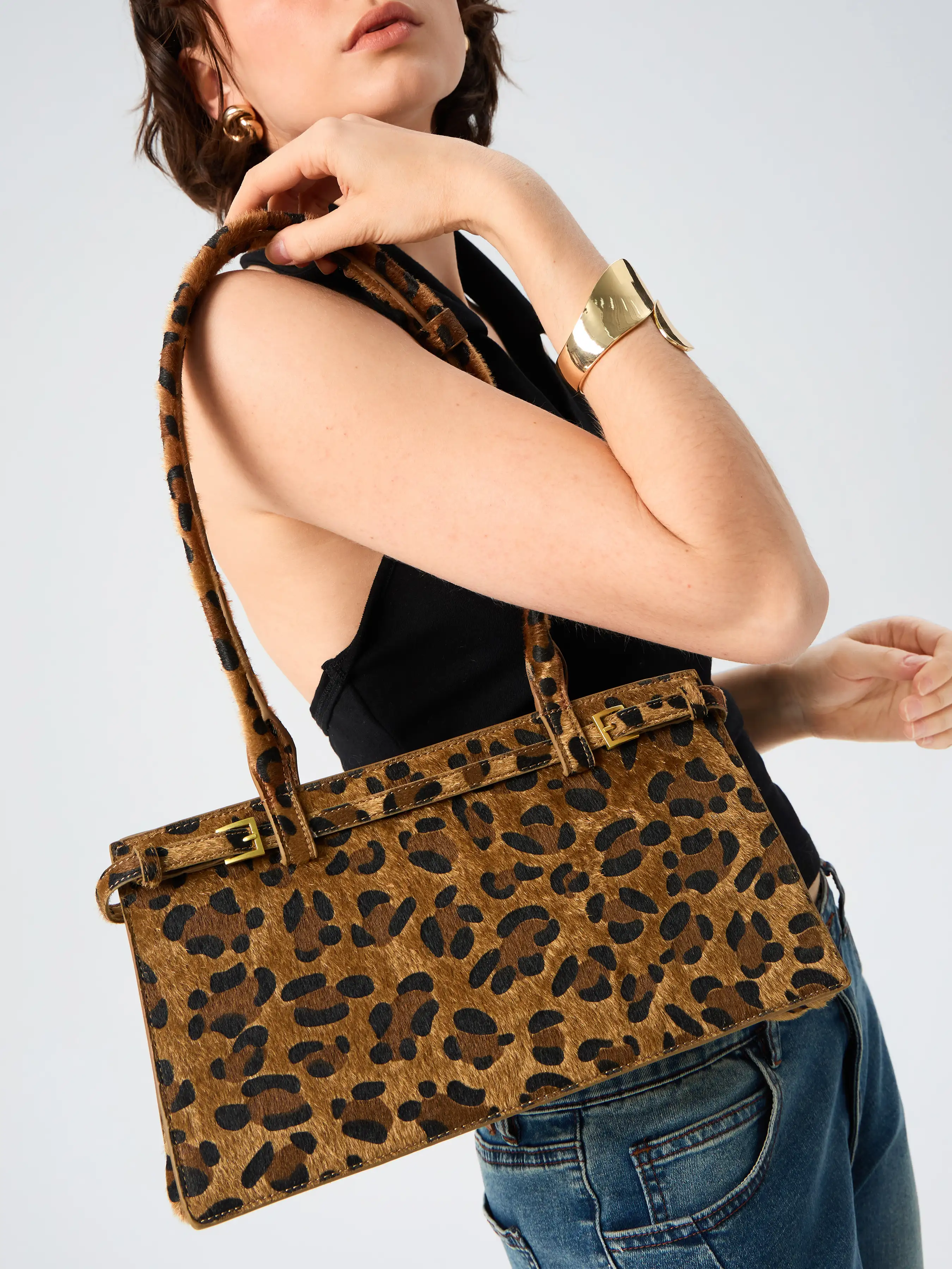 LEOPARD PRINT BELTED FAUX HORSE HAIR SHOULDER BAG