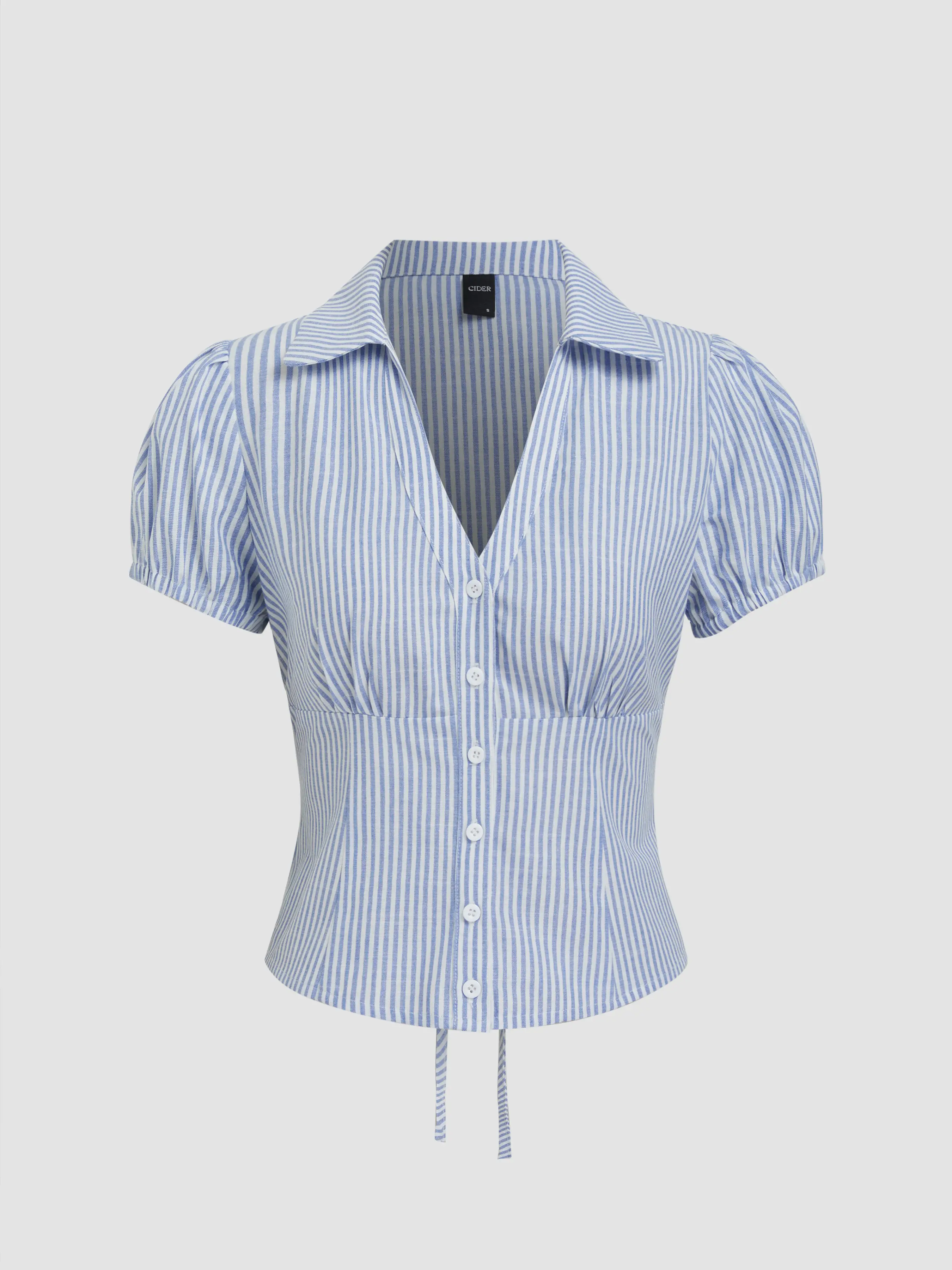Cotton-blend V-neck Stripe Tie Back Shirt
