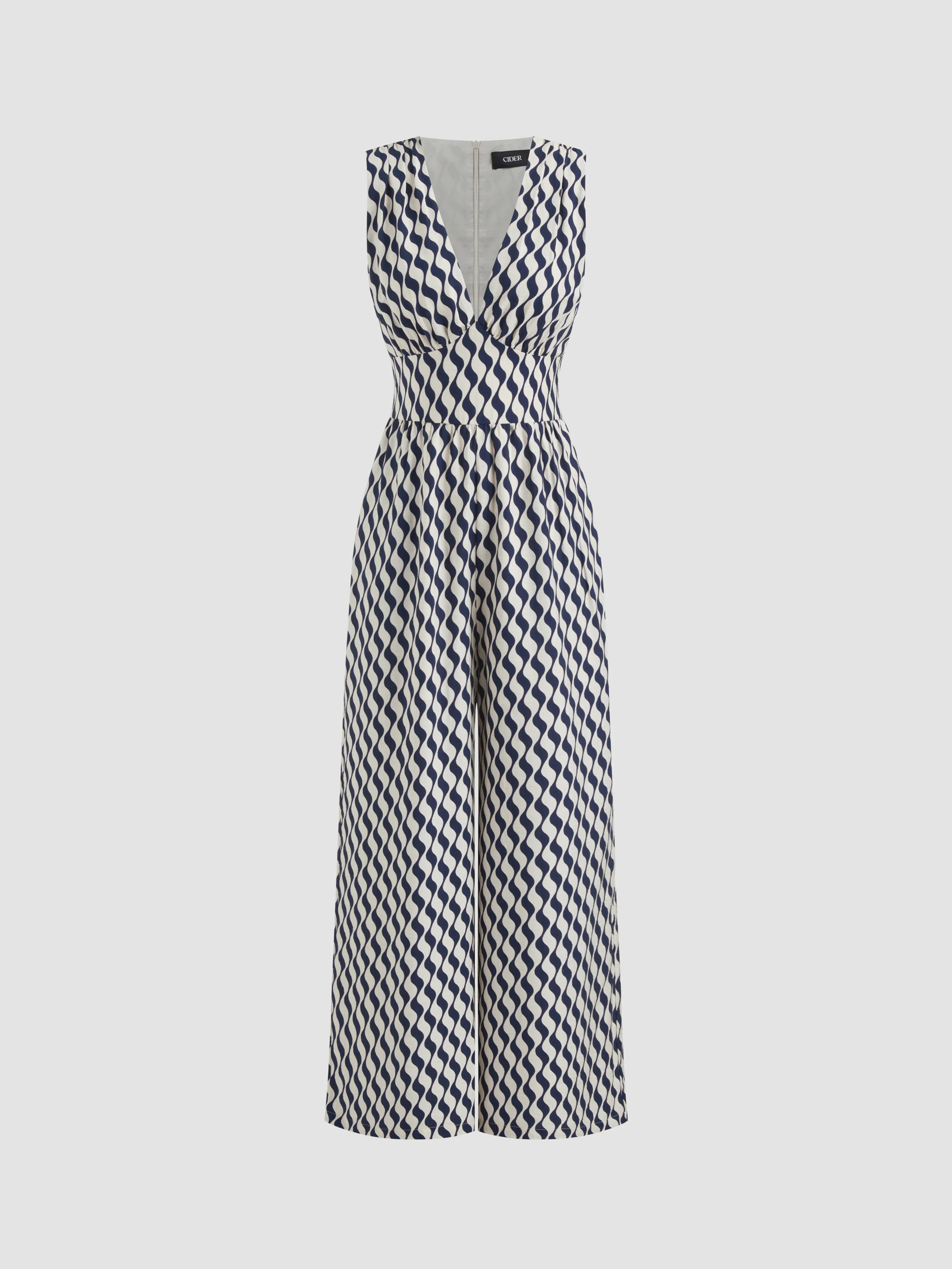V-neck Abstract Knotted Back Wide Leg Jumpsuit
