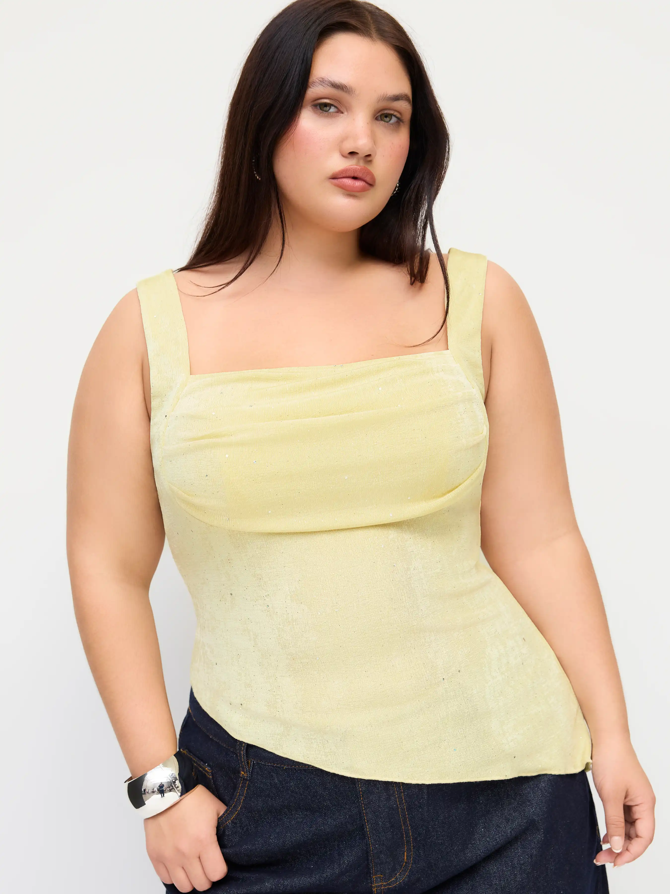 Square Neck Sequin Ruched Lettuce Trim Asymmetrical Hem Cami Top Curve & Plus