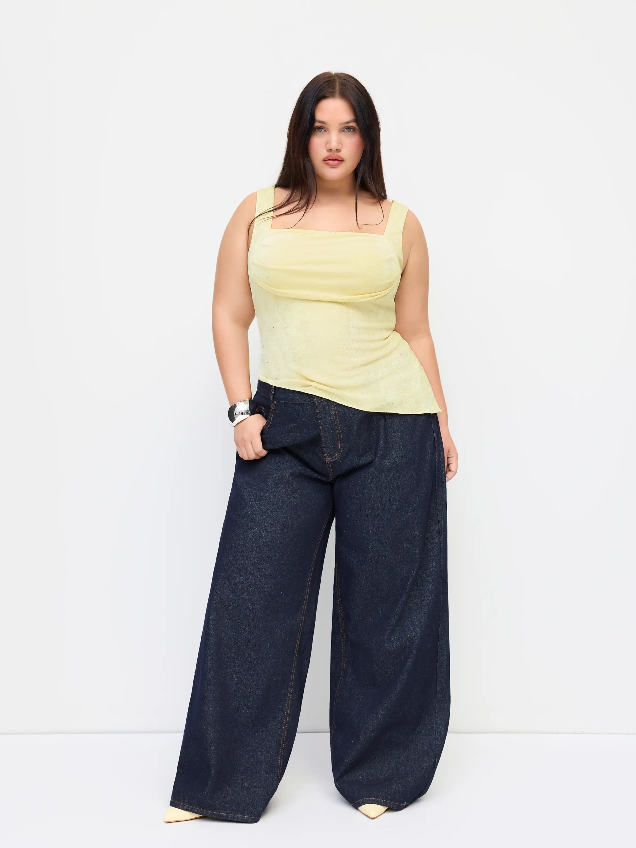 Square Neck Sequin Ruched Lettuce Trim Asymmetrical Hem Cami Top Curve & Plus