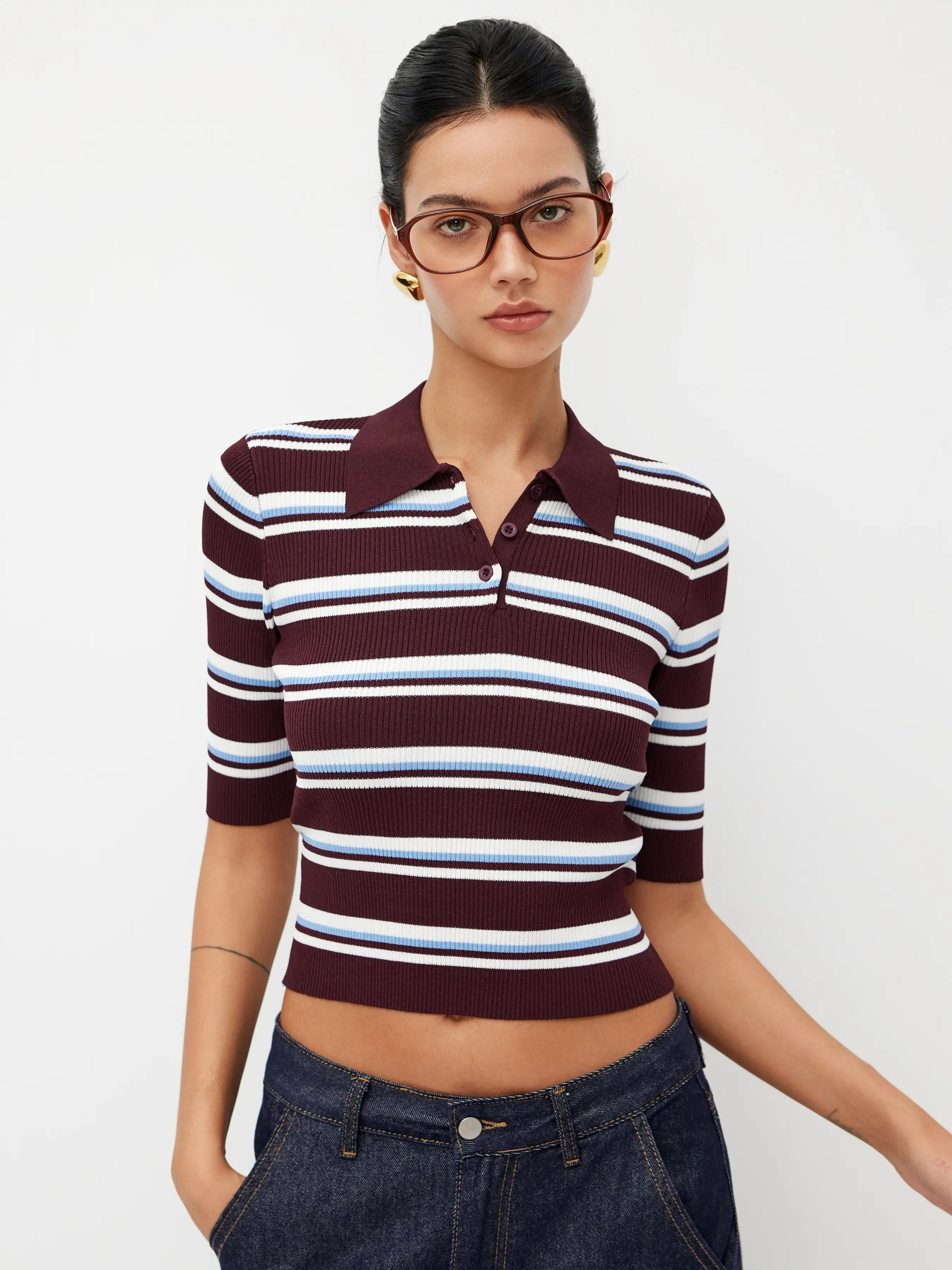 Knit Collar Stripe Button Mid-length Sleeve Top
