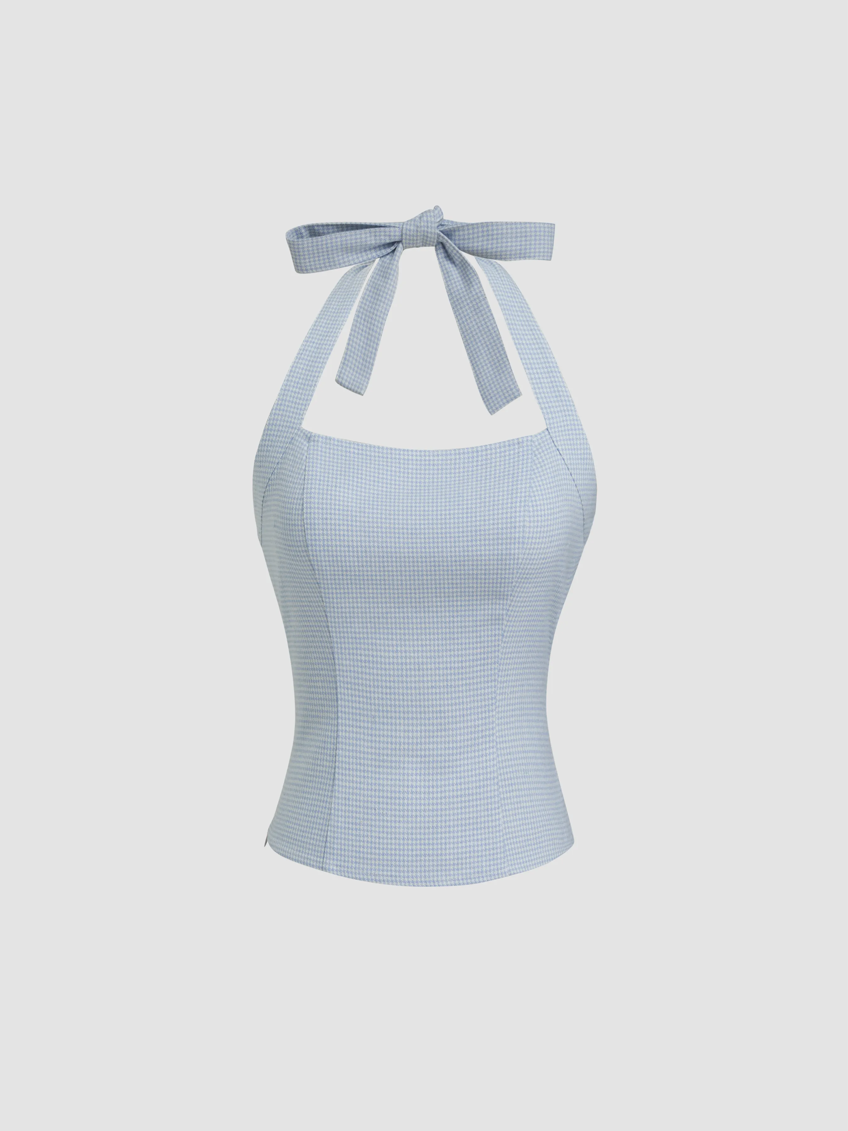 Linen-blend Halter Neckline Houndstooth Knotted Tank Top