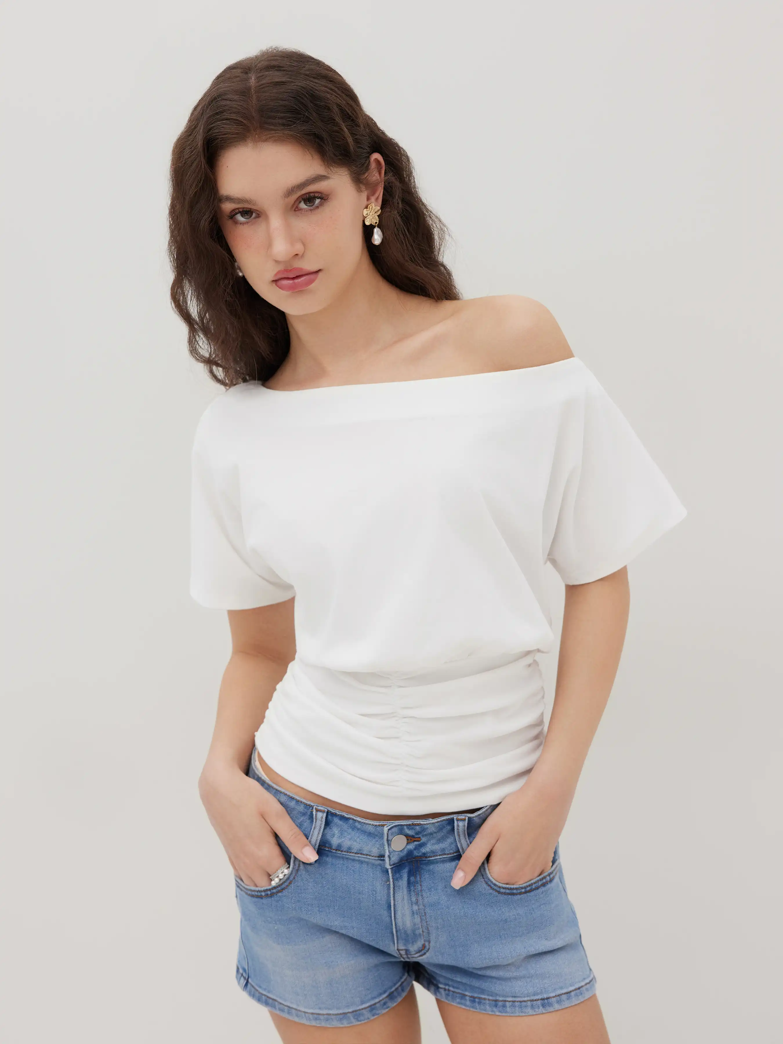 Cotton-blend Asymmetrical Neck Ruched Tee
