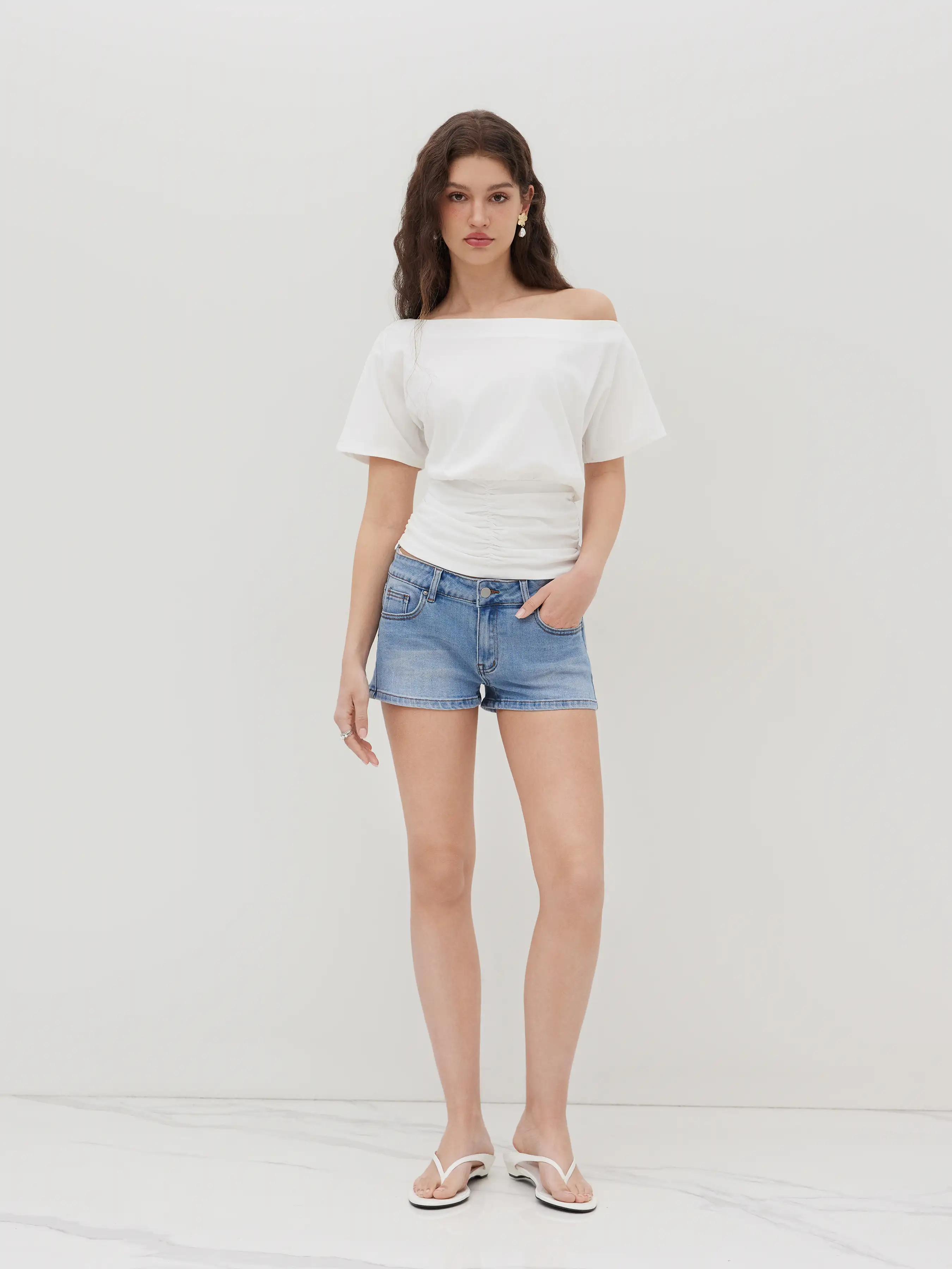 Cotton-blend Asymmetrical Neck Ruched Tee