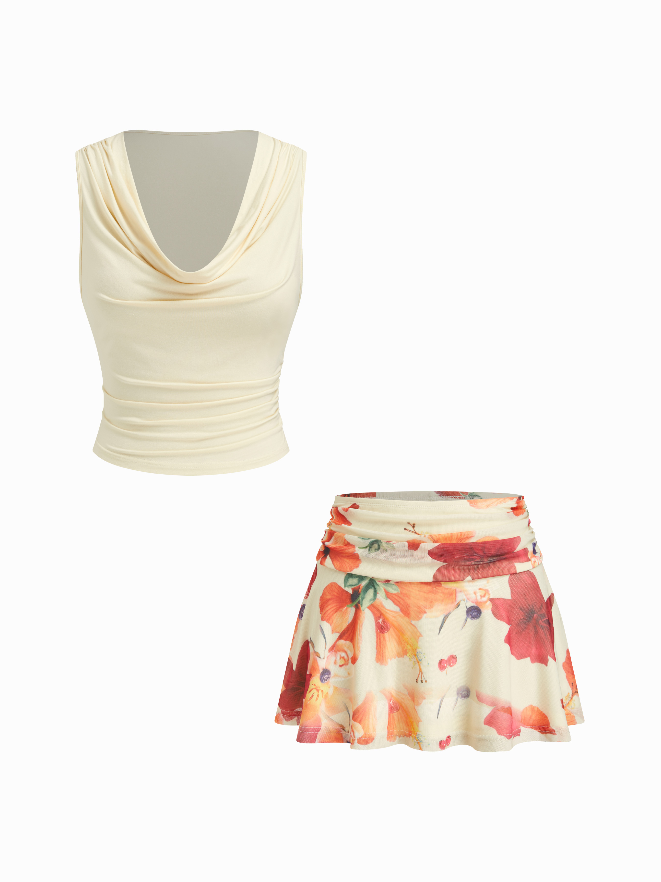 Cowl Neck Tank Top & Mid Rise Floral Ruched Mini Skirt Set