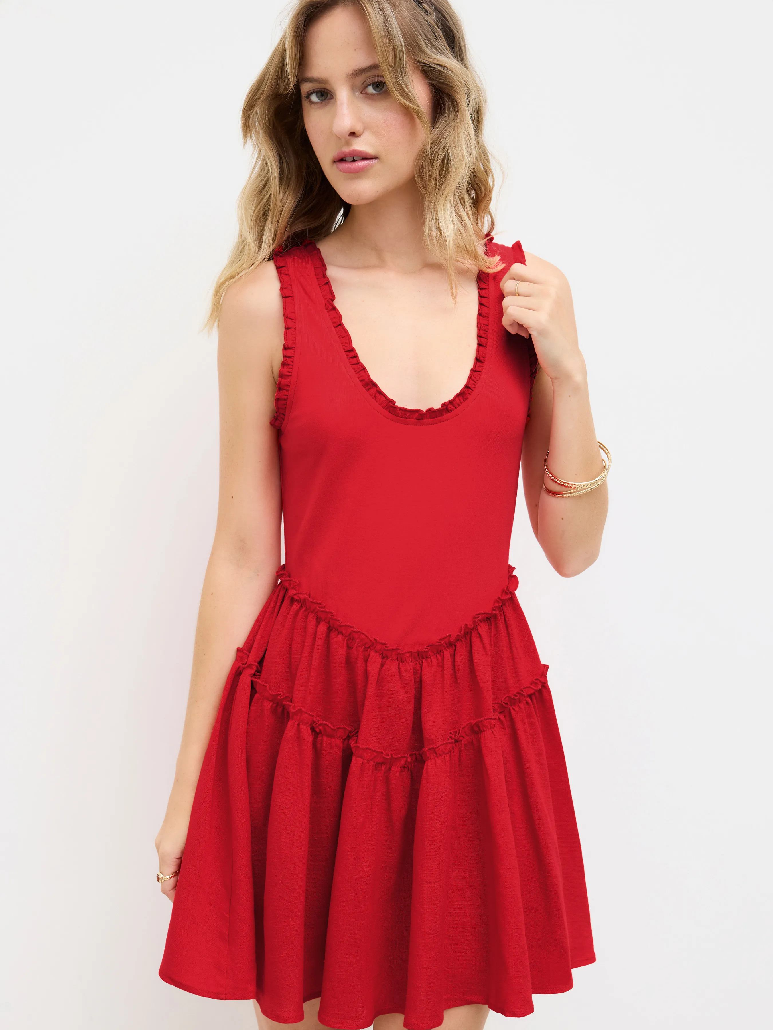 U-neckline Lettuce Trim Tiered Mini Dress