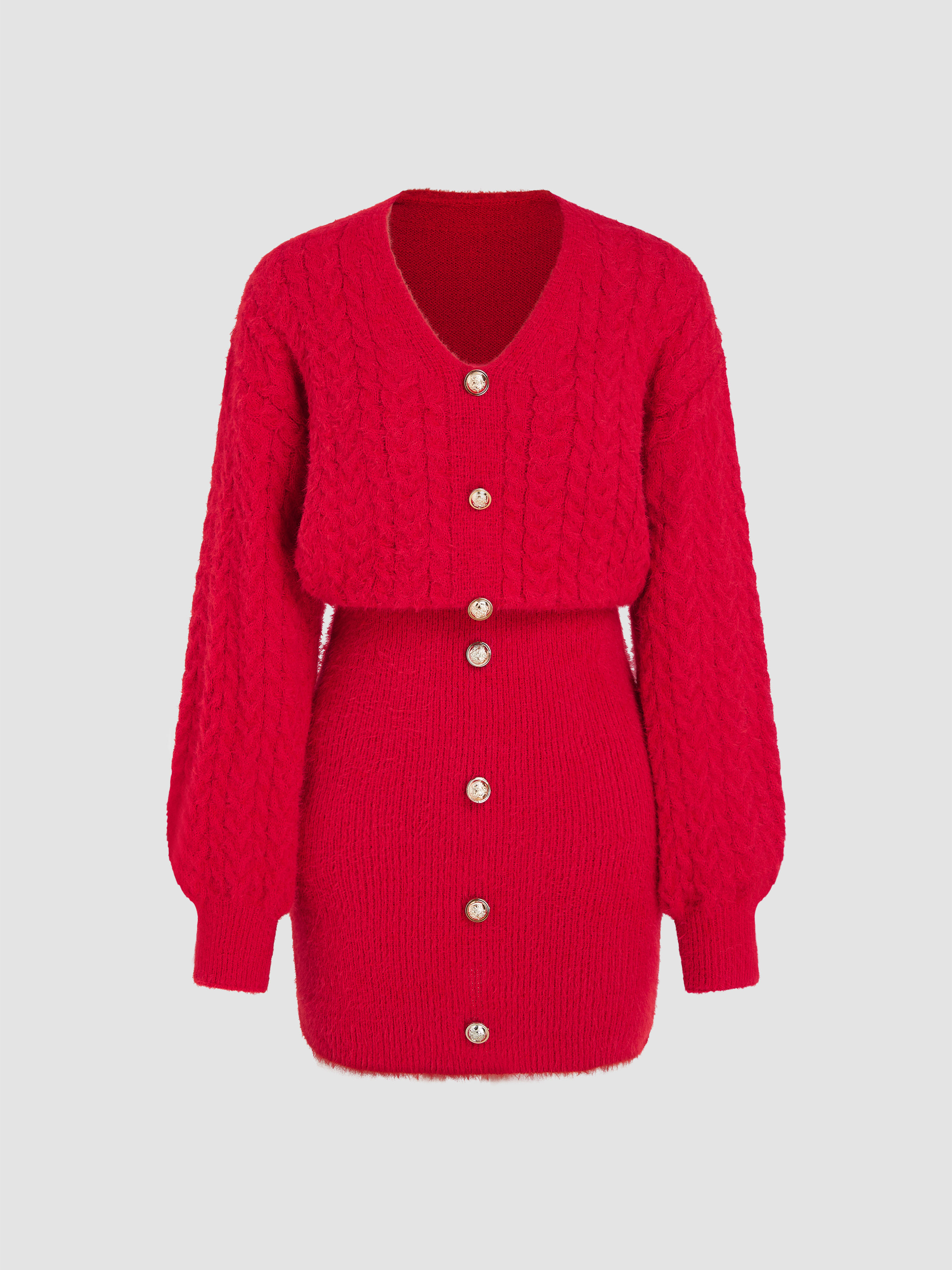 Cable Knit V-neck Button Knitted Mini Dress