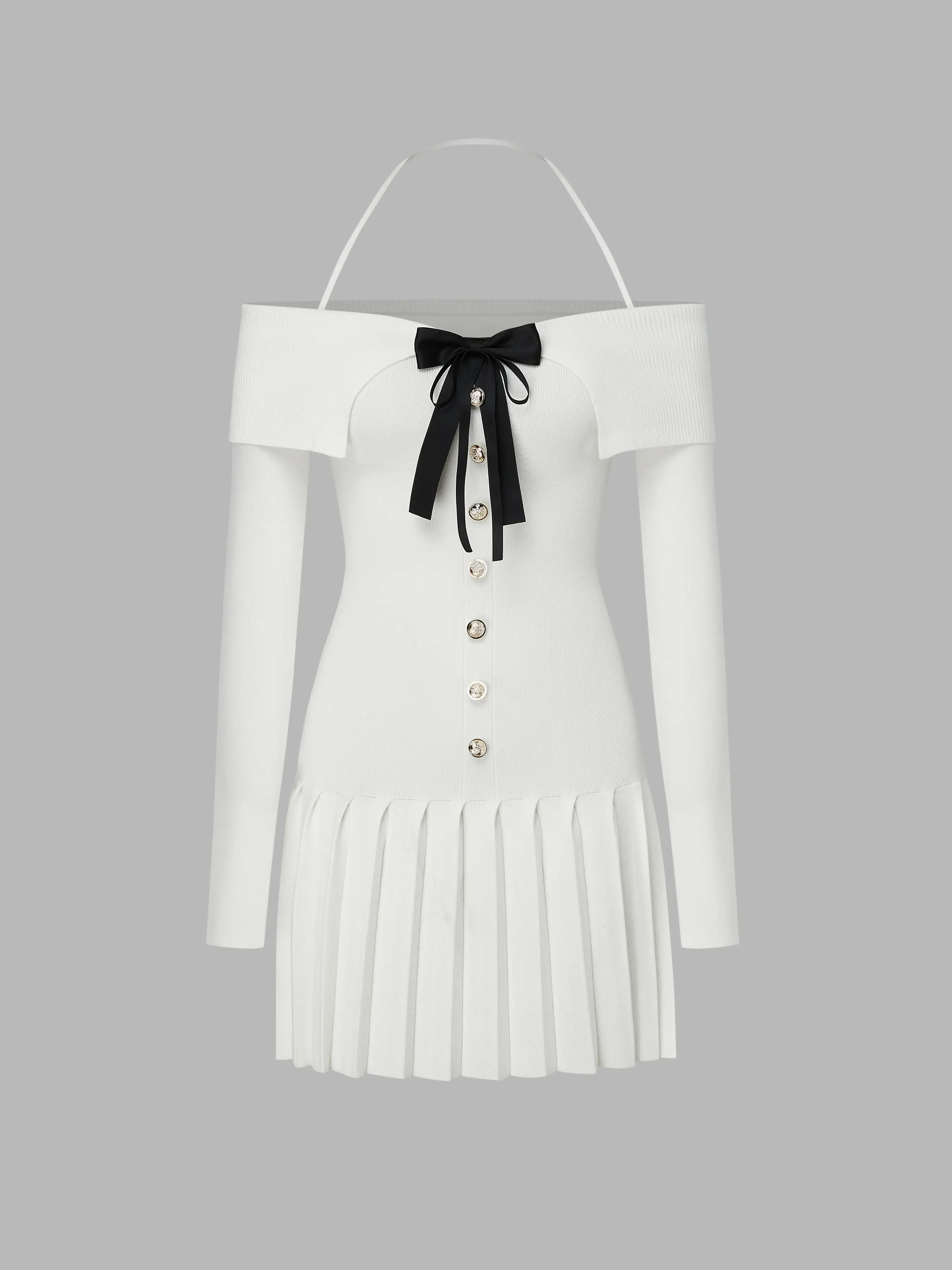Off-shoulder Bowknot Pleated Knitted Mini Dresses