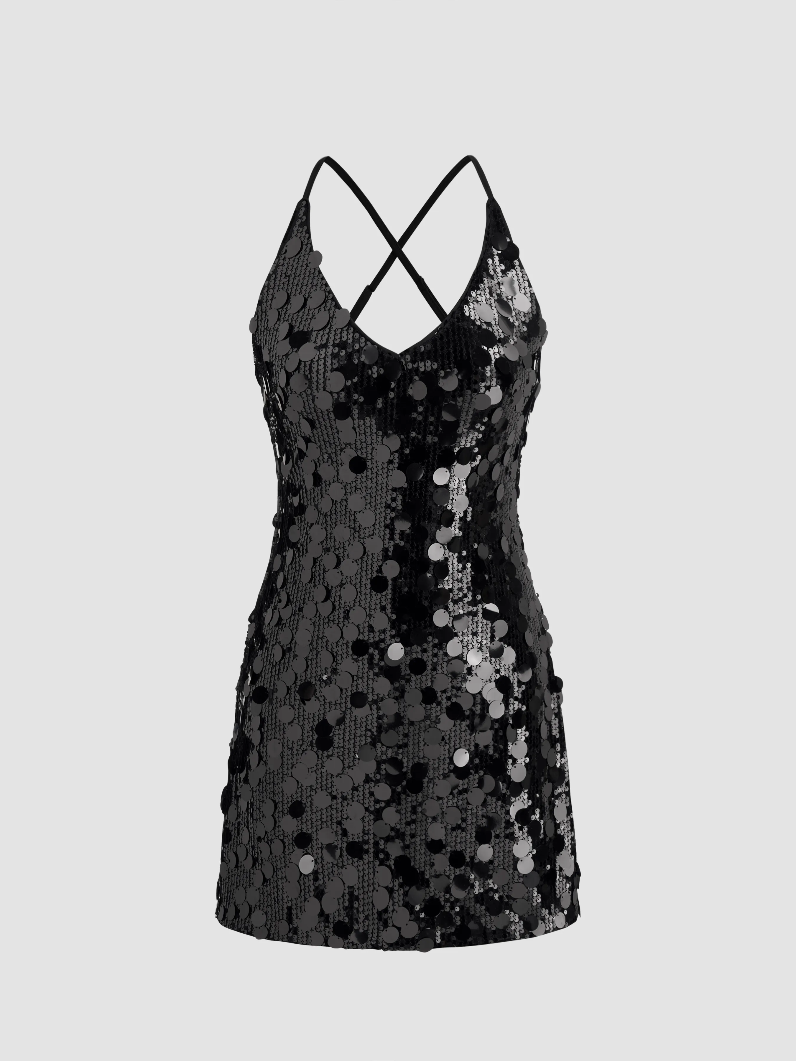 Sequins U-neckline Criss Cross Mini Dress