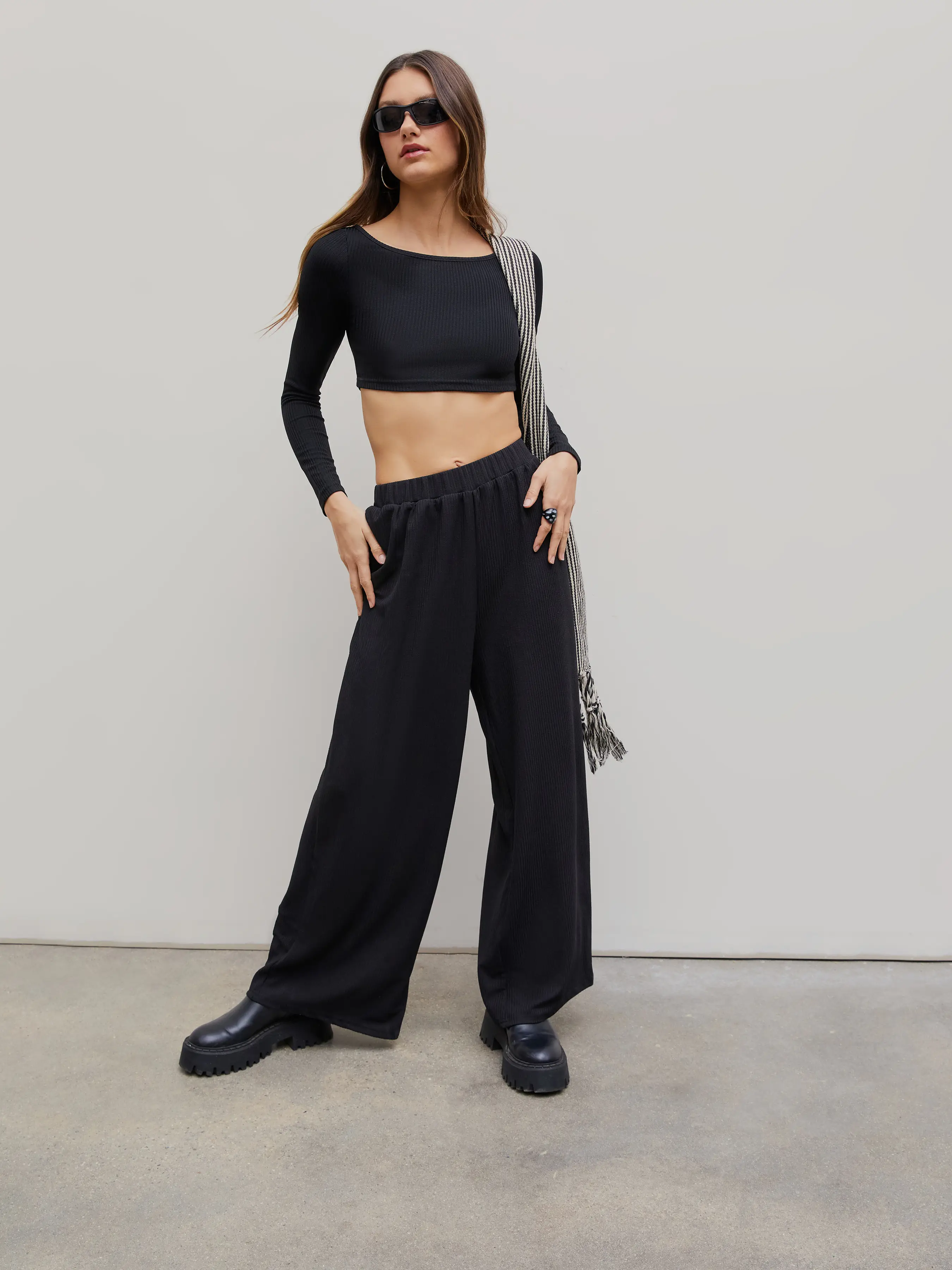 Solid Knitted Crop Top &  Wide Leg Trousers Set