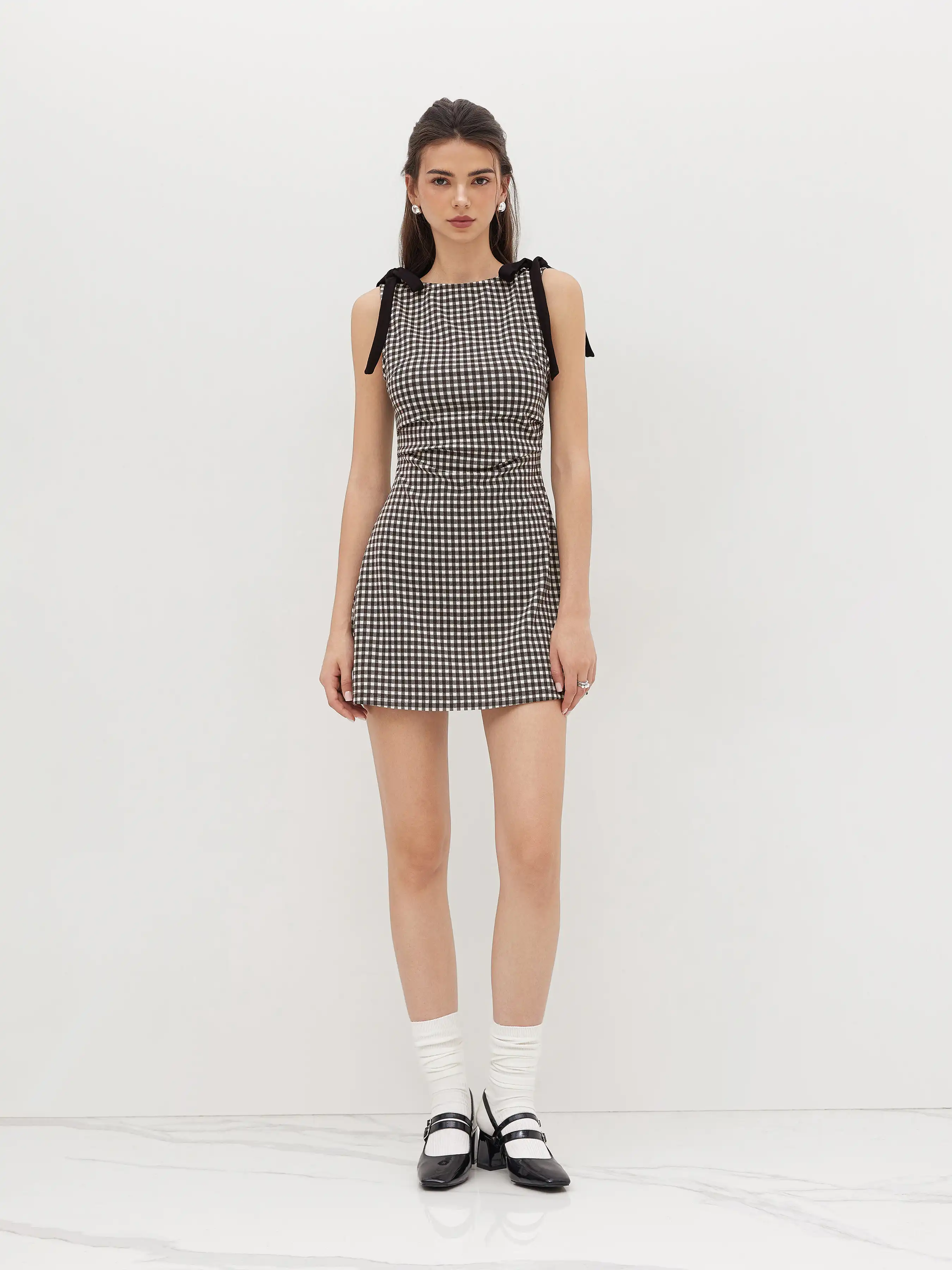 Round Neckline Gingham Bowknot Ruched Mini Dress