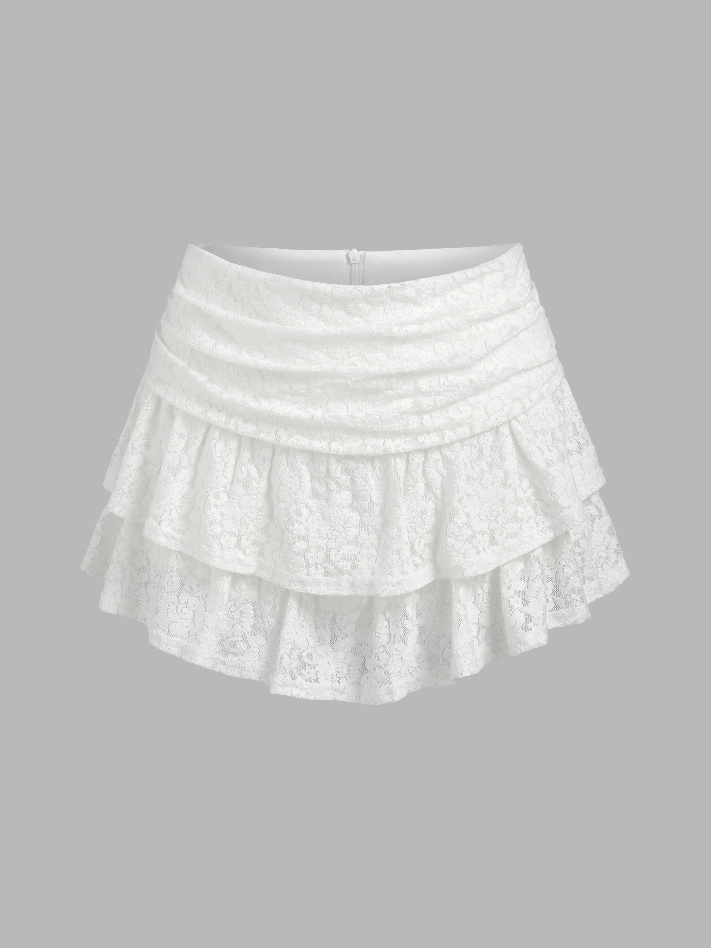 Ruched Floral Lace Layered Mini Skort