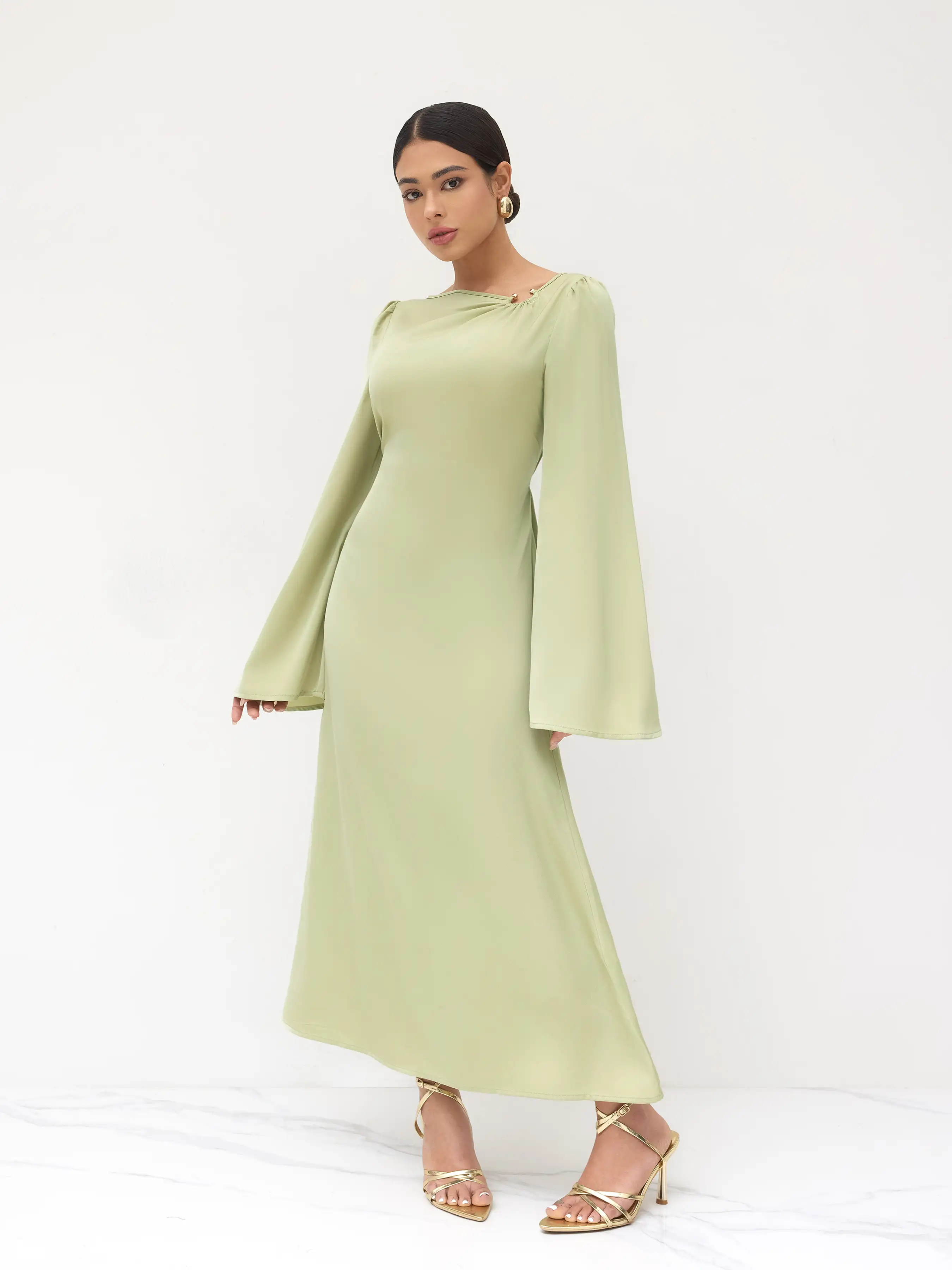 Satin Asymmetrical Neck Knotted Pierced Maxi Dress