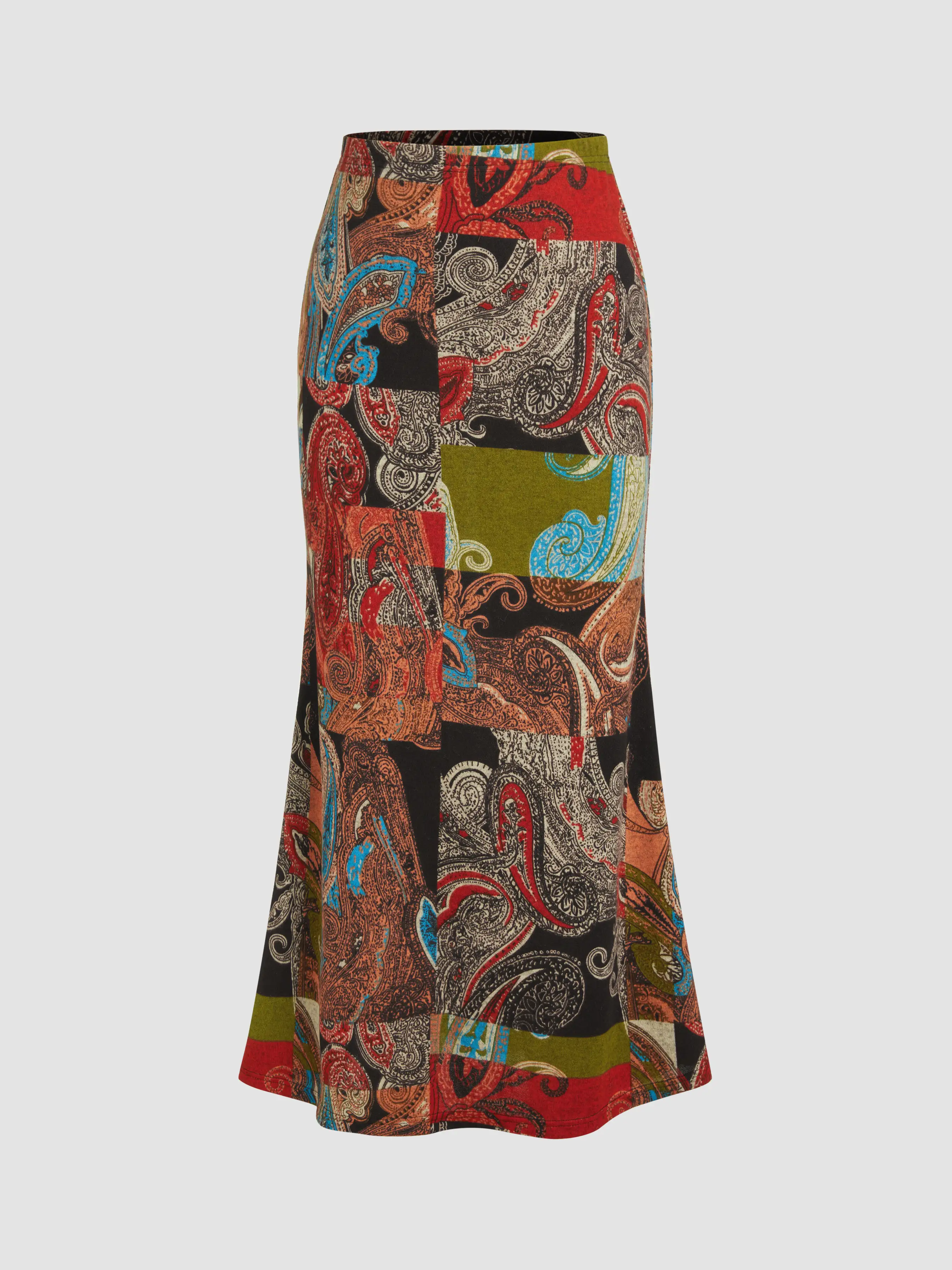 Mid Rise Aztec Colorblock Mermaid Maxi Skirt