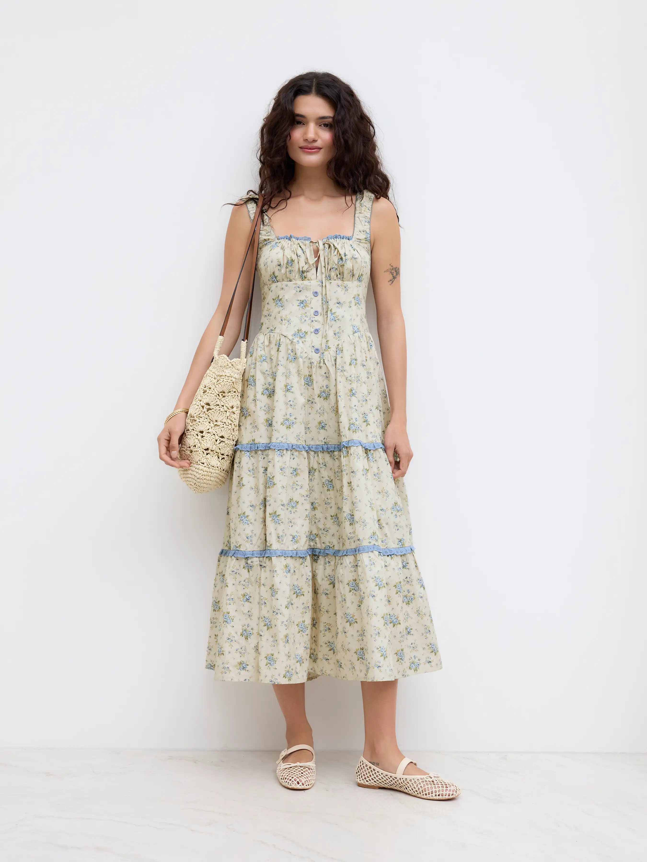 Cotton Ditsy Floral Contrasting Binding knotted Shirred Tiered Maxi Dress