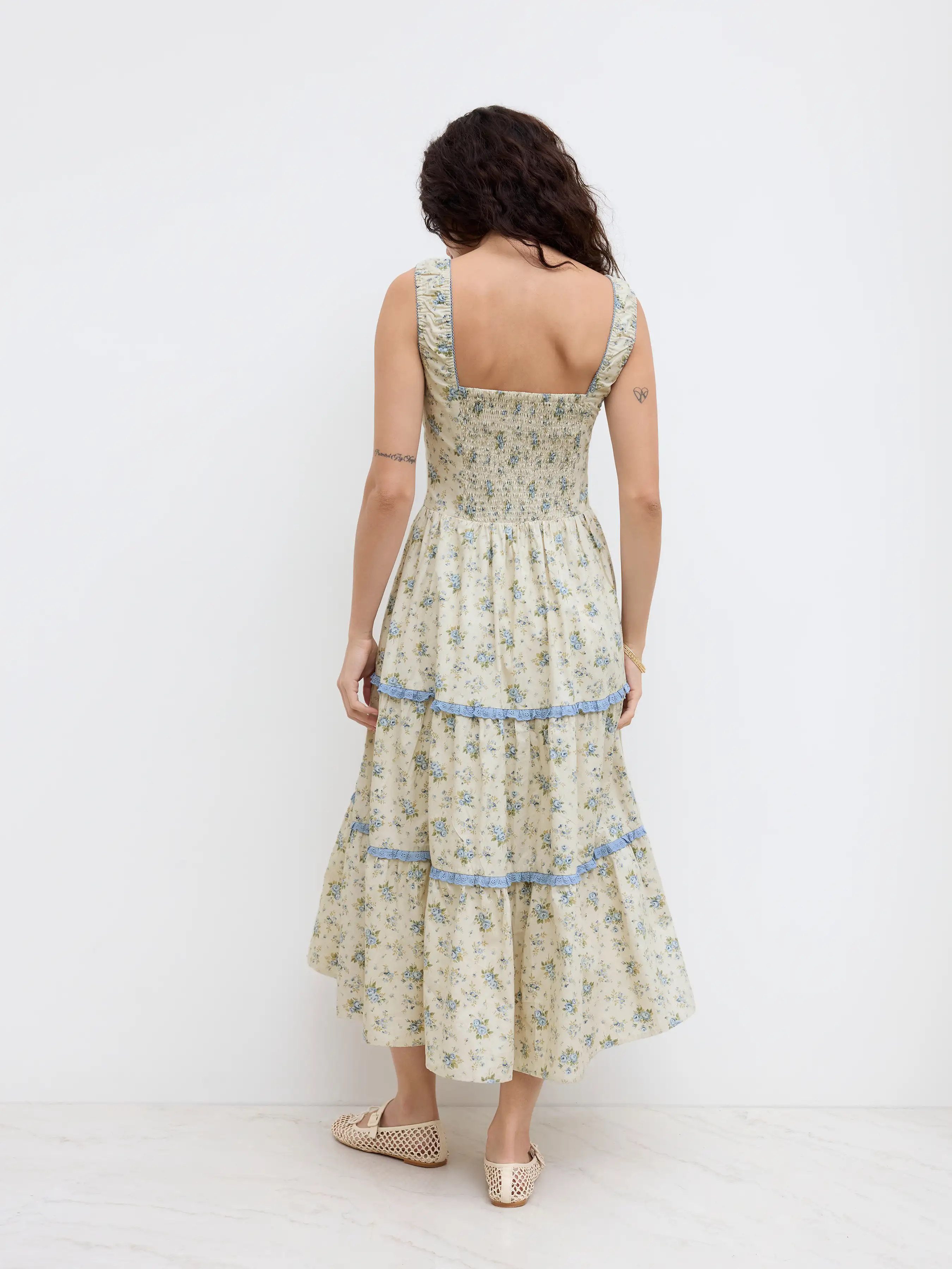 Cotton Ditsy Floral Contrasting Binding knotted Shirred Tiered Maxi Dress