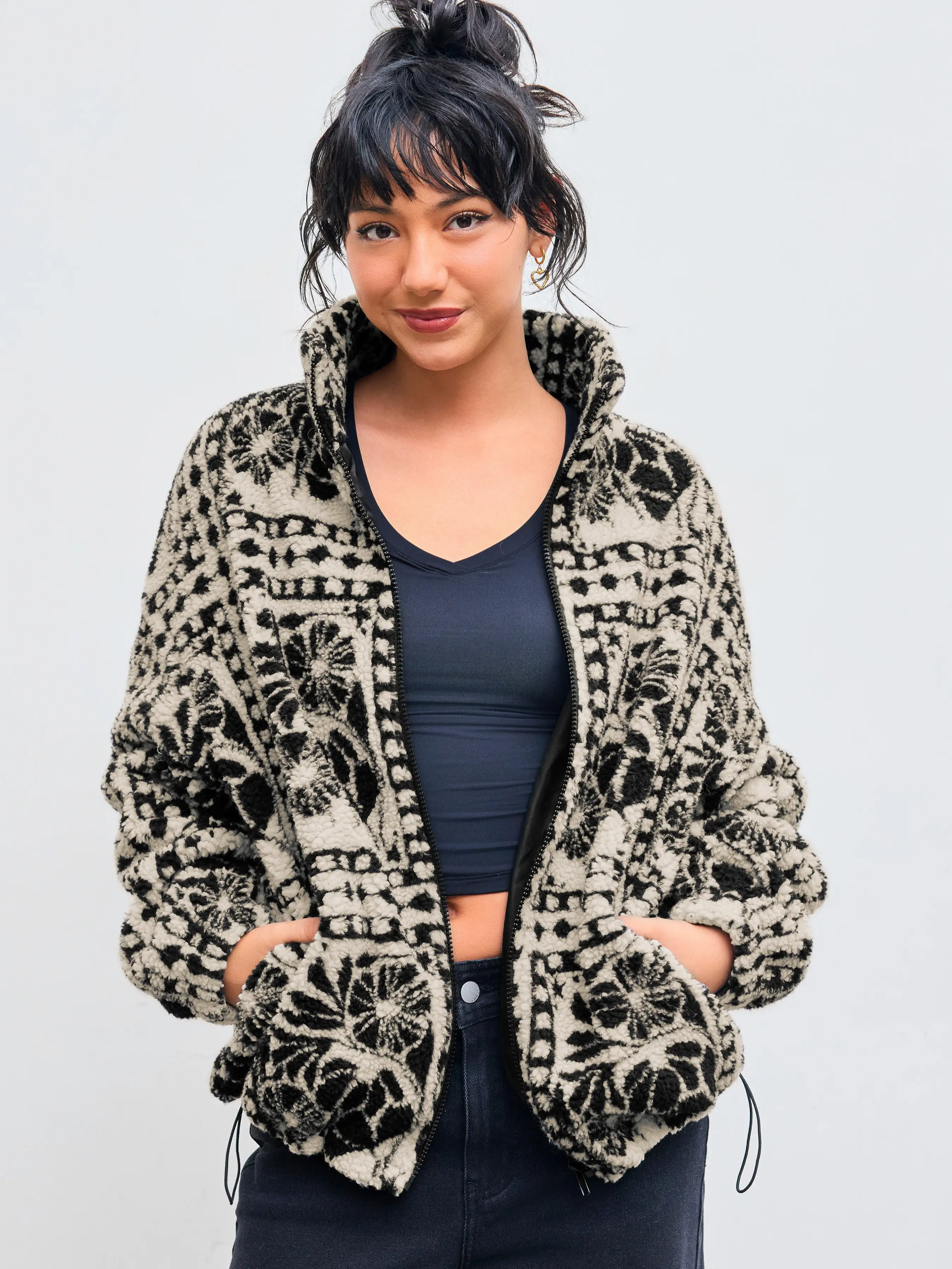 Printed Fleece Zip Front Jacket
